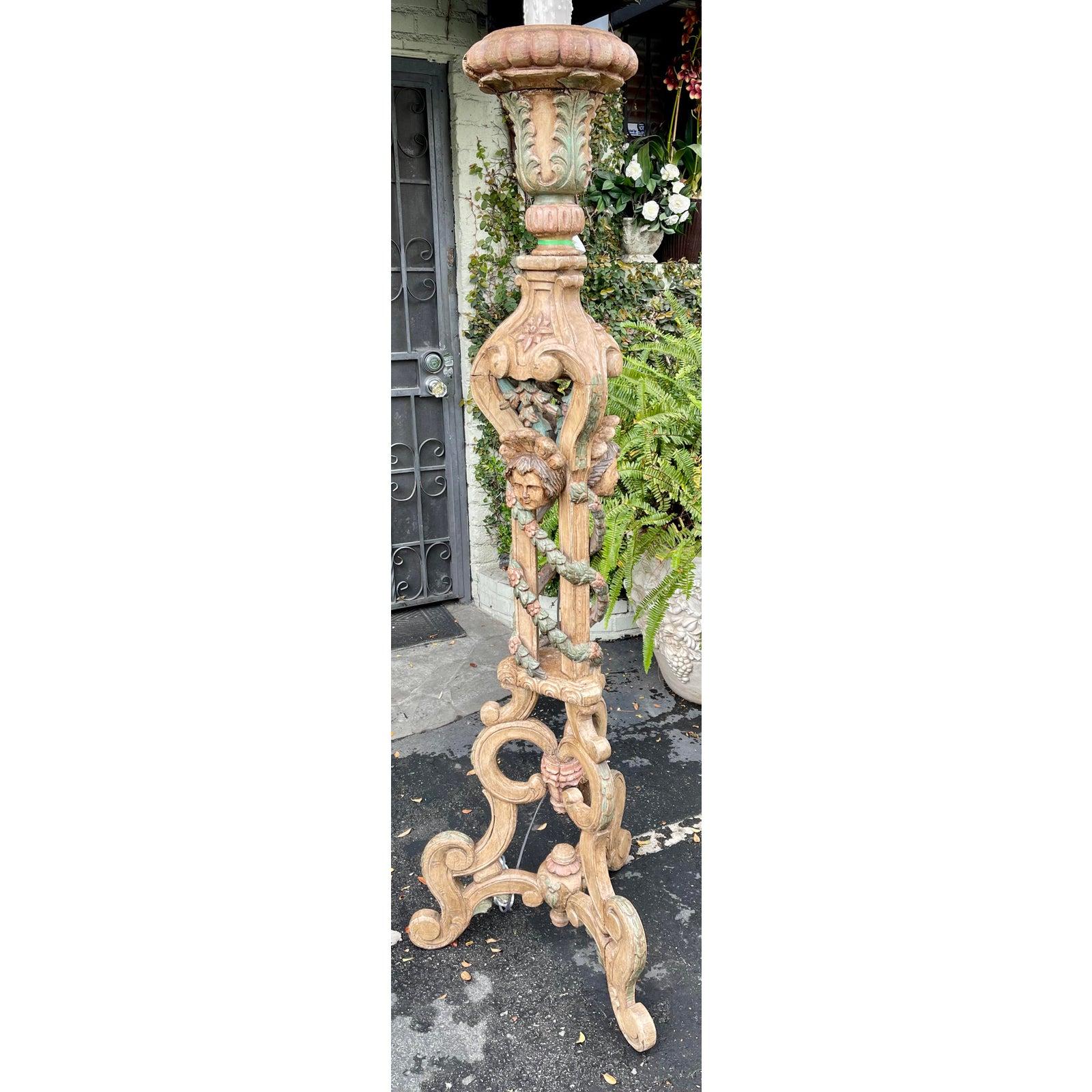 Antique Portuguese Carved Figural Spanish Colonial Floor Lamp.

Additional information:
Materials: Lights, Wood
Color: Beige
Period: 19th Century
Styles: Figurative, Spanish Colonial
Lamp Shade: Not Included
Item Type: Vintage, Antique or