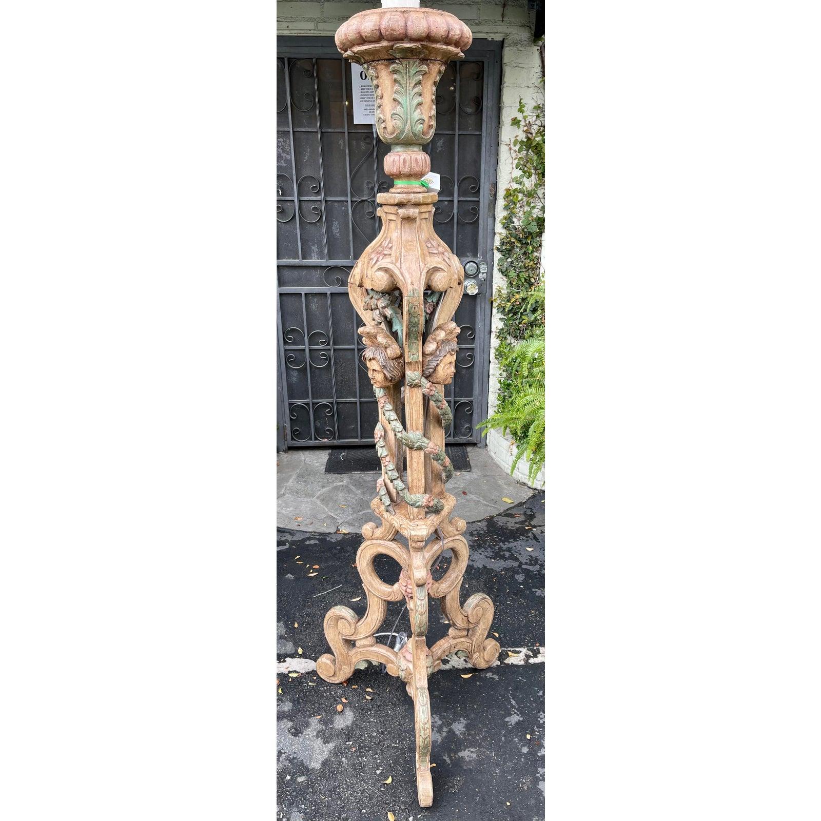 18th C Style Portuguese Carved Figural Spanish Colonial Floor Lamp - Angel Faces In Good Condition In LOS ANGELES, CA