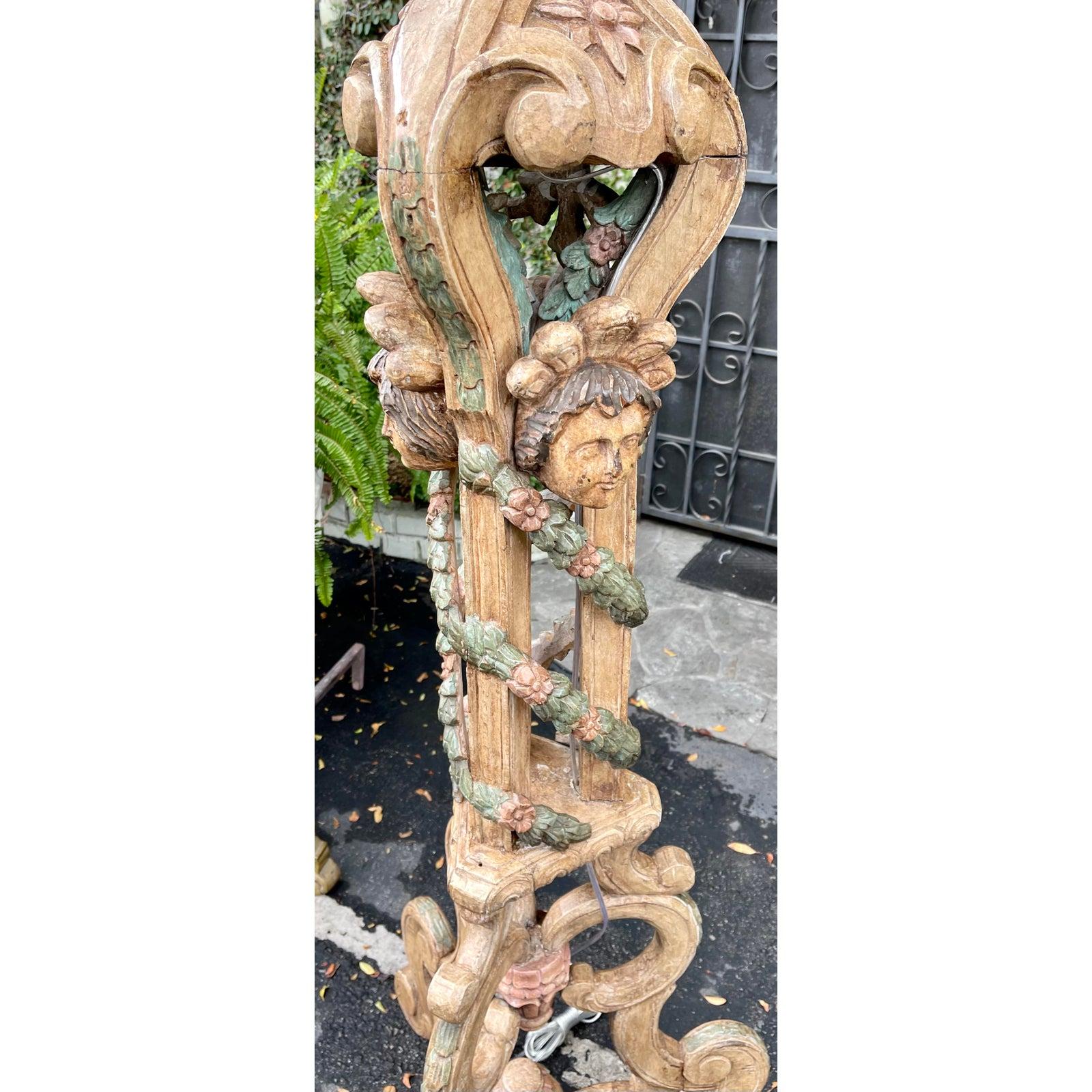 20th Century 18th C Style Portuguese Carved Figural Spanish Colonial Floor Lamp - Angel Faces