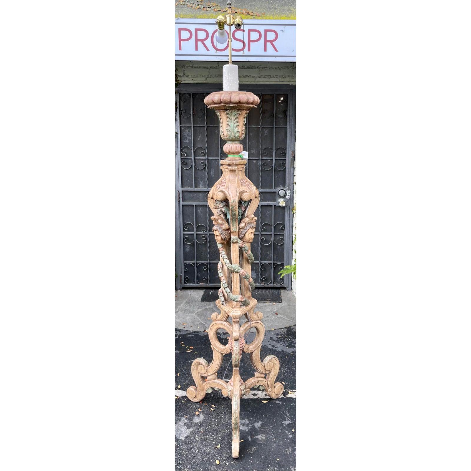 Wood 18th C Style Portuguese Carved Figural Spanish Colonial Floor Lamp - Angel Faces