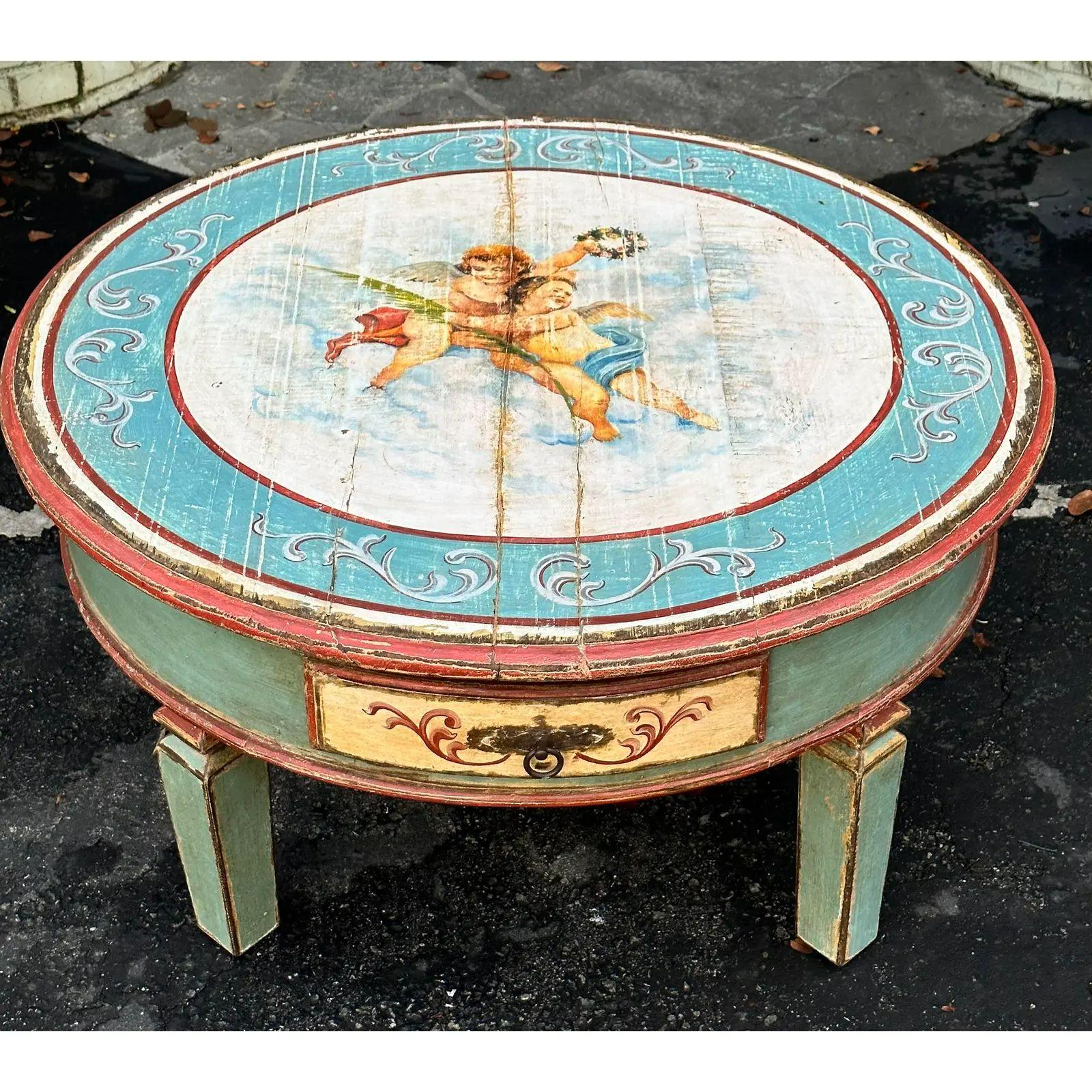 Rustic 18th C Style Round Hand Painted Angel Coffee Table by Equator Furniture