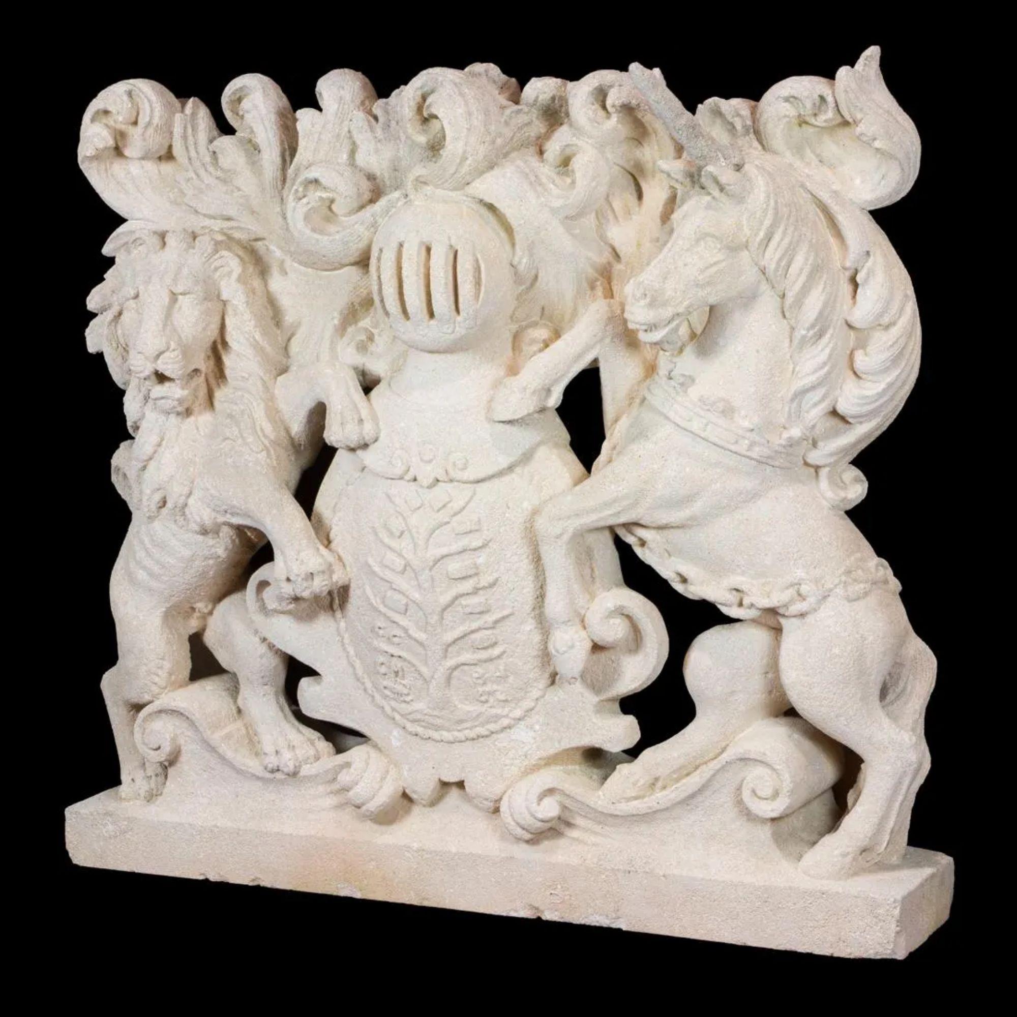 18th C style stone armorial Heraldic crest sculpture - royal coat of arms. Featuring a lion & unicorn crest, symbols of the United Kingdom and Scotland.

Additional information:
Materials: stone
Color: antique white
Period: mid-20th