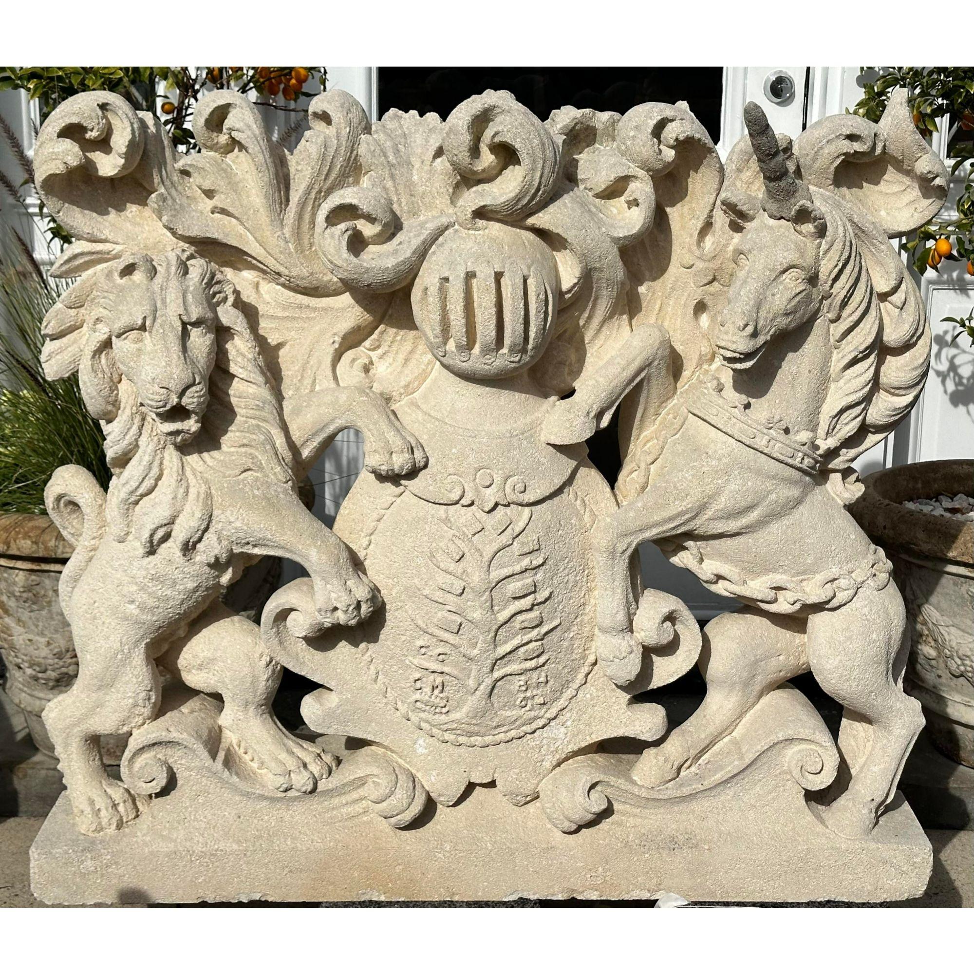 Georgian 18th C, Style Stone Armorial Heraldic Crest Sculpture, Royal Coat of Arms