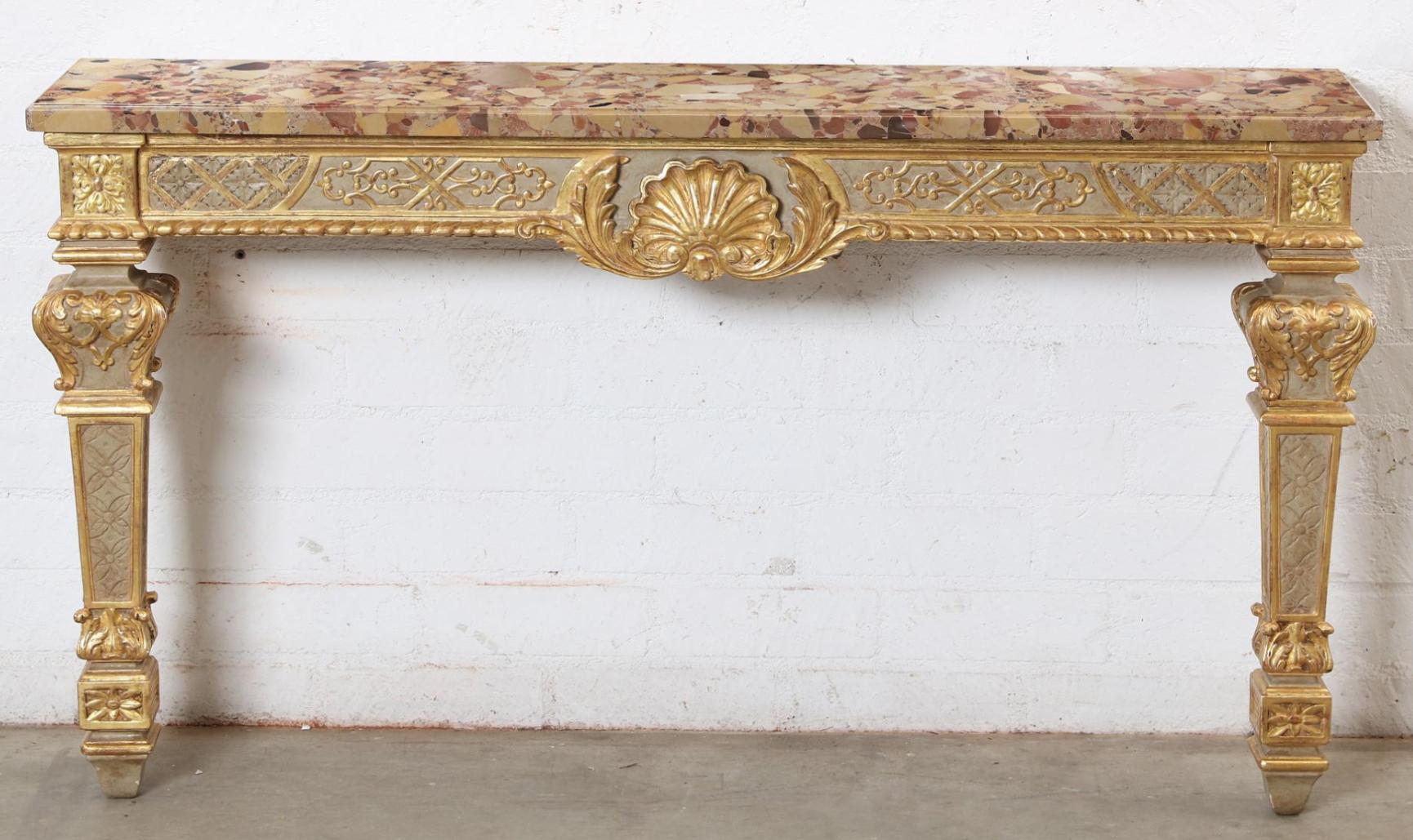 Marble 18th C Style Swedish Empire Louis XIV Parcel Gilt and Grey Painted Decorated Con For Sale