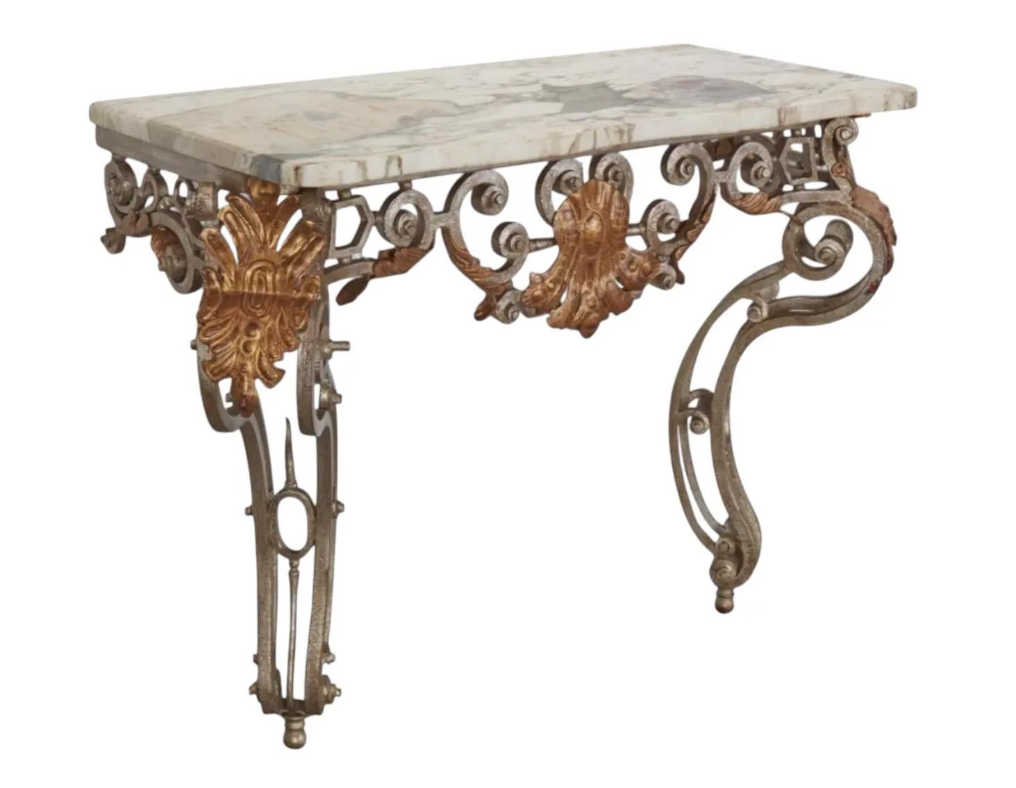 18th C Style Wrought Iron Silver & Gilt Metal Marble Top Console.