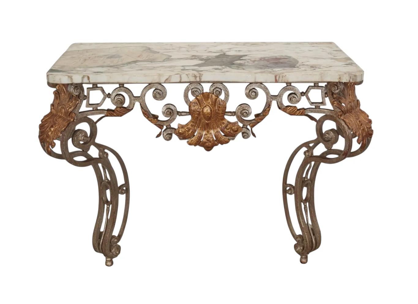 Spanish Colonial 18th C Style Wrought Iron Silver & Gilt Metal Marble Top Console For Sale