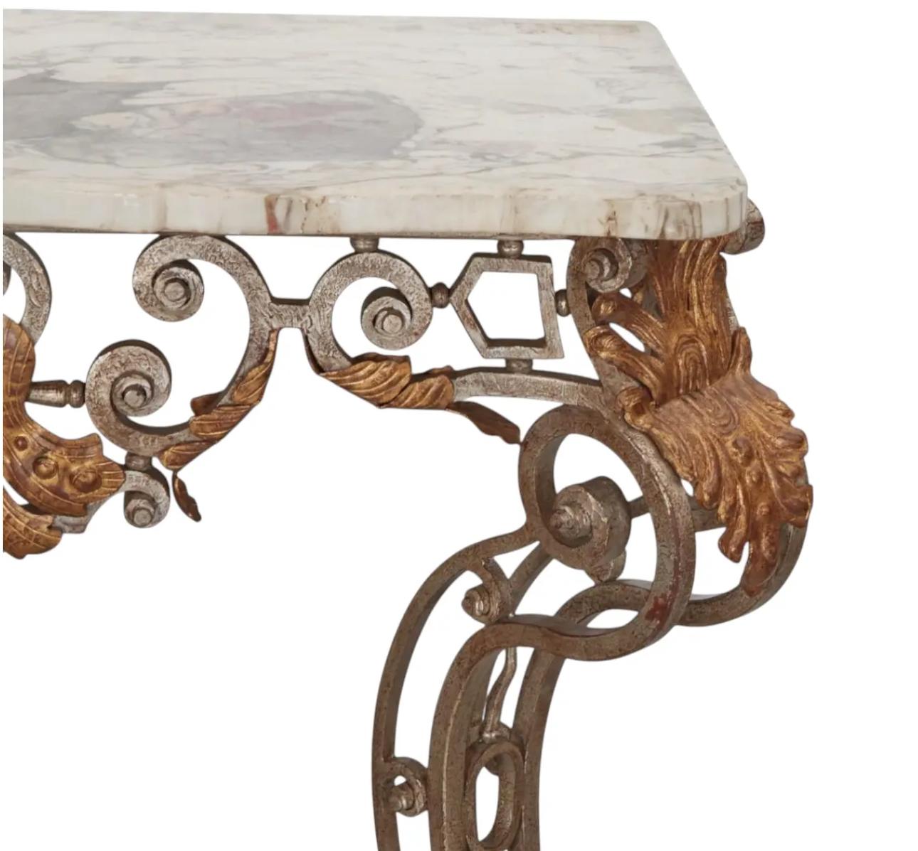 18th C Style Wrought Iron Silver & Gilt Metal Marble Top Console In Good Condition For Sale In LOS ANGELES, CA