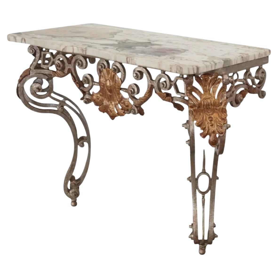 18th C Style Wrought Iron Silver 
Gilt Metal Marble Top Console