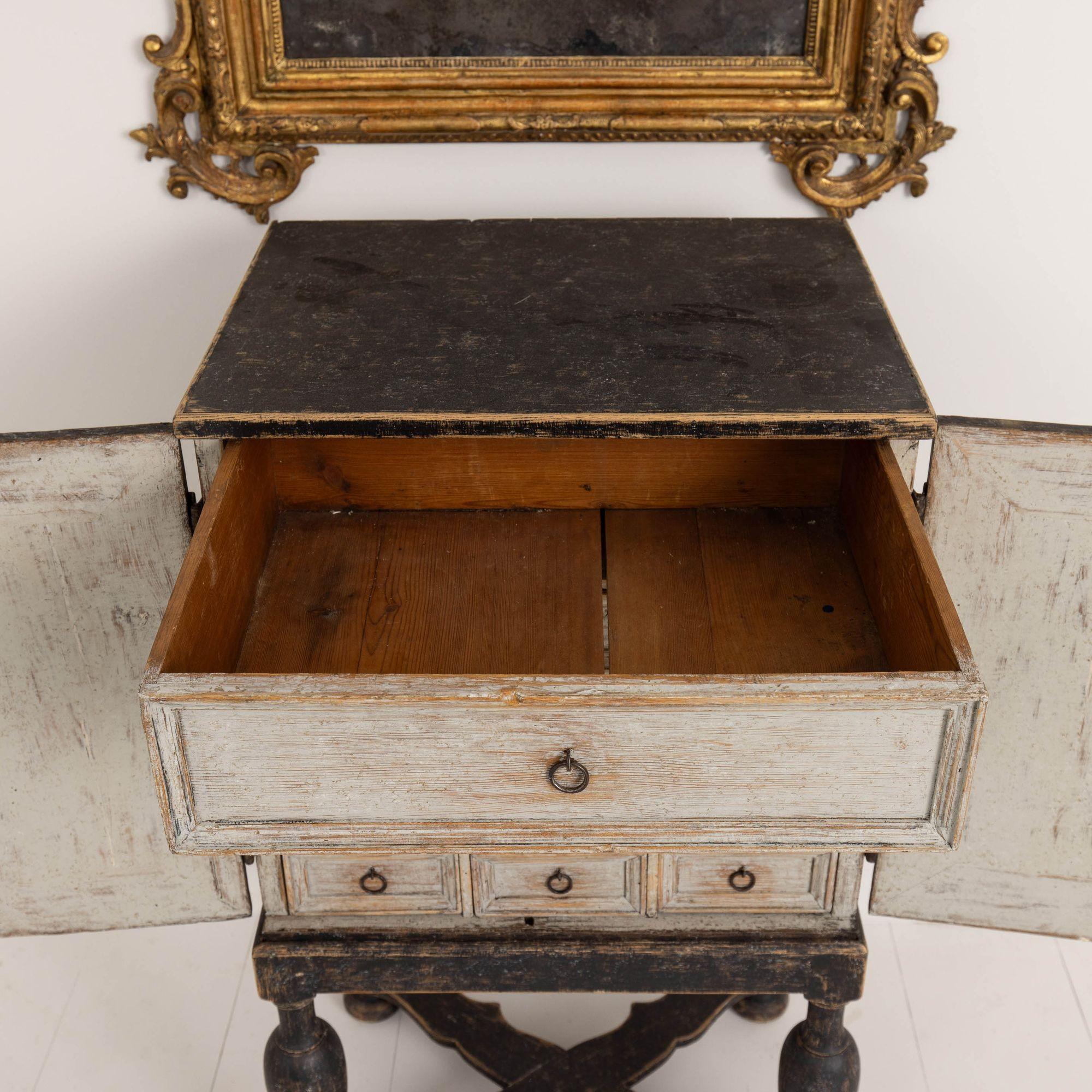 18th c. Swedish Baroque Period Black Painted Spice Cabinet on Stand 4