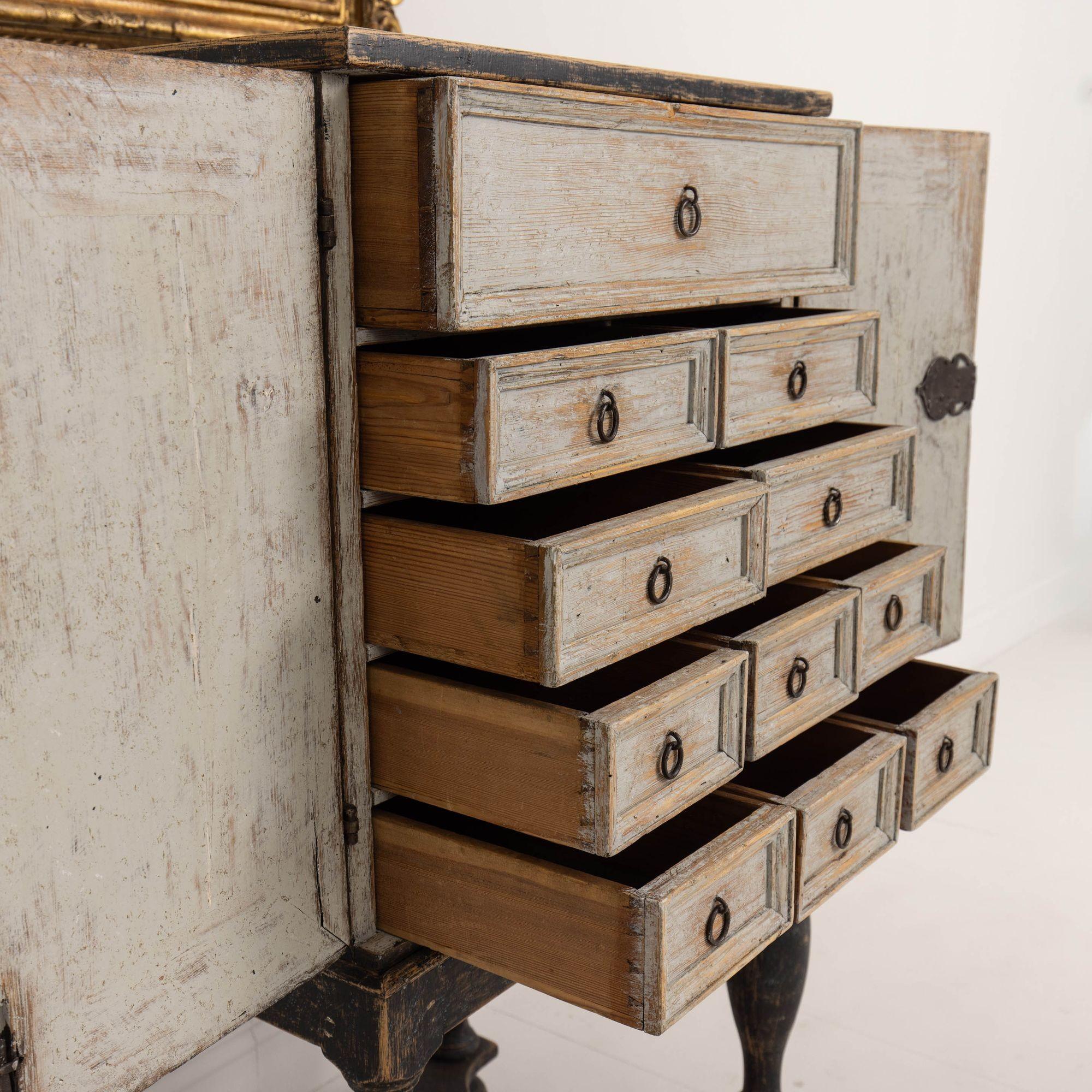 18th c. Swedish Baroque Period Black Painted Spice Cabinet on Stand 5