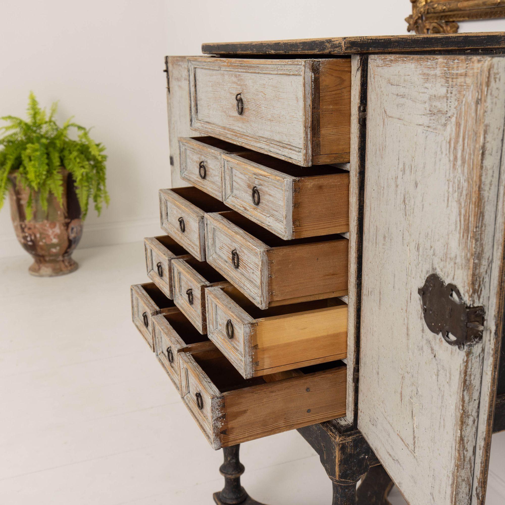 18th c. Swedish Baroque Period Black Painted Spice Cabinet on Stand 6