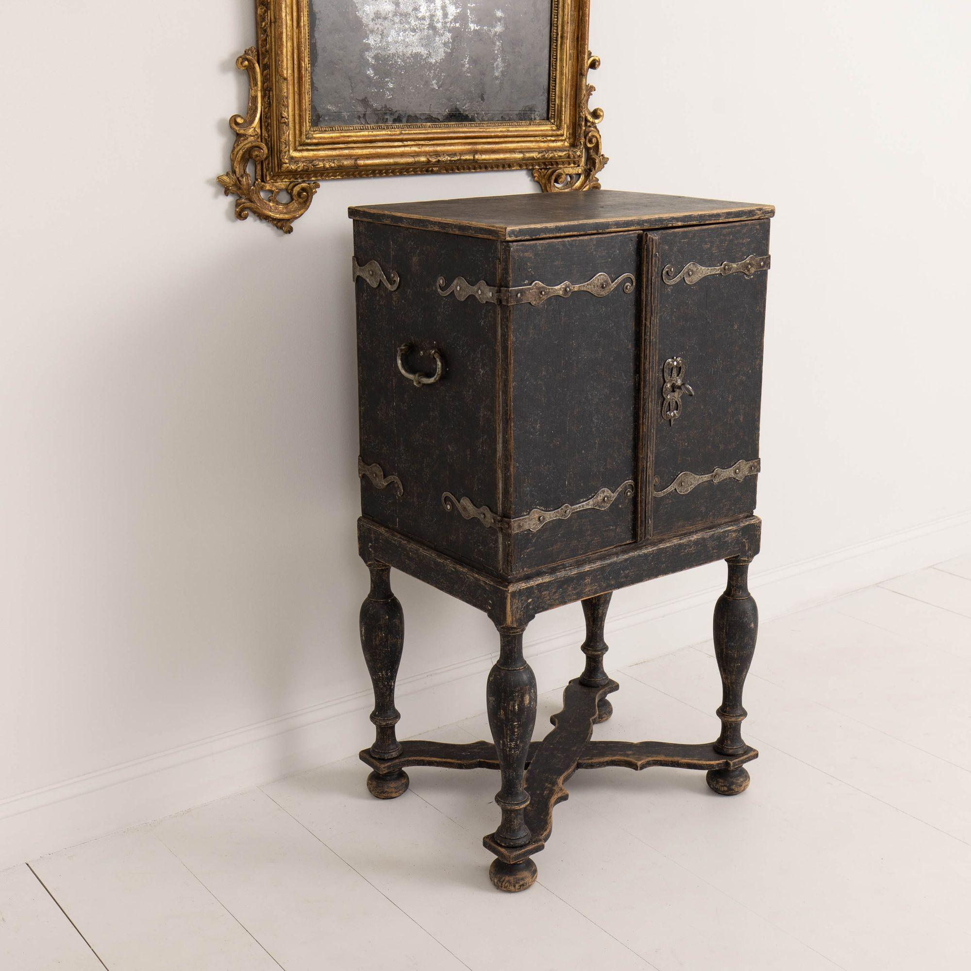 18th c. Swedish Baroque Period Black Painted Spice Cabinet on Stand 7