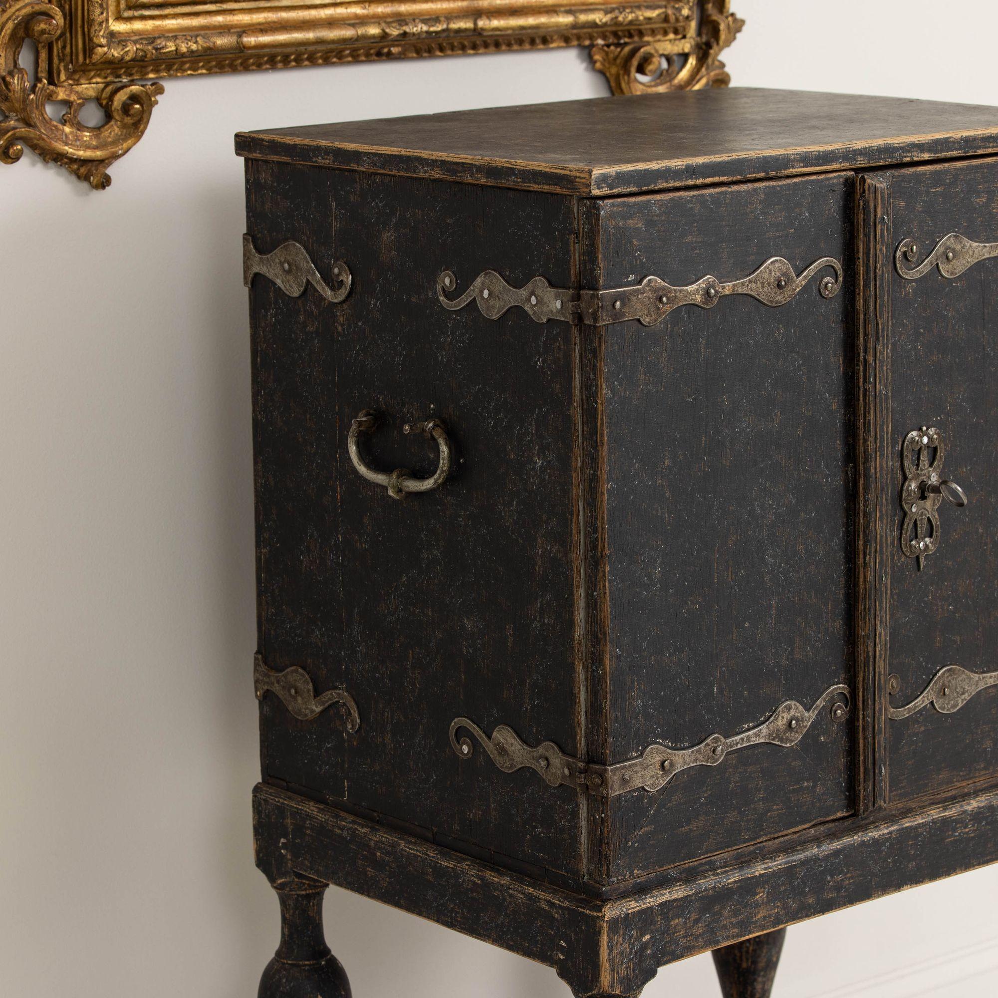 18th c. Swedish Baroque Period Black Painted Spice Cabinet on Stand 8