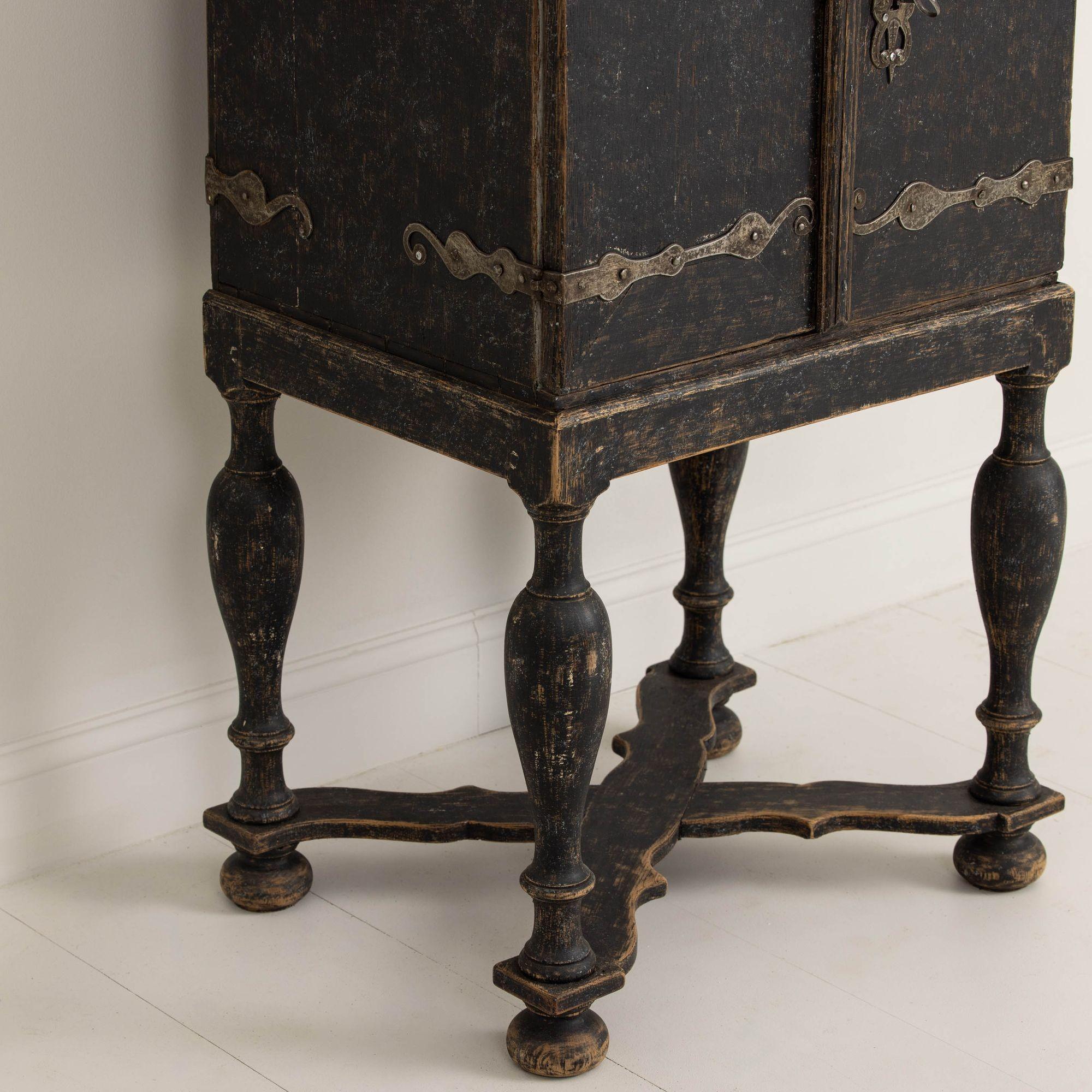 18th c. Swedish Baroque Period Black Painted Spice Cabinet on Stand 12