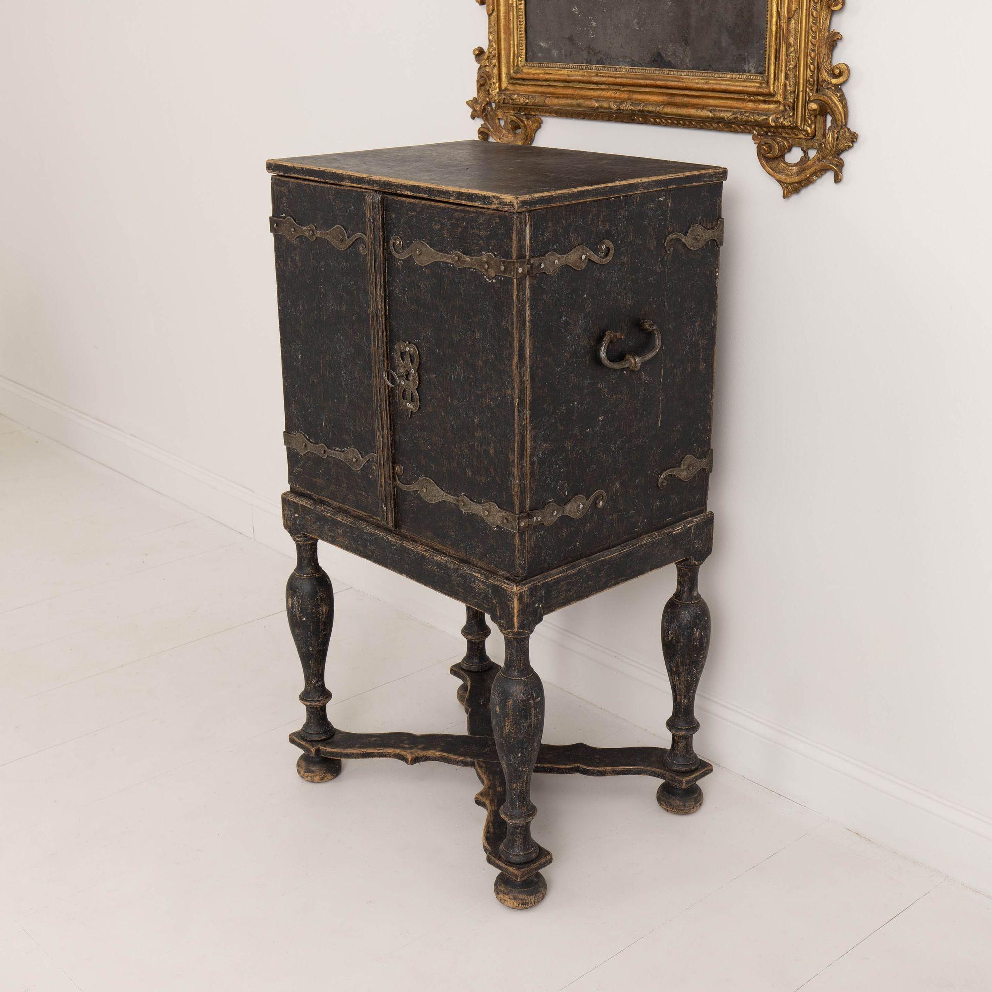 18th c. Swedish Baroque Period Black Painted Spice Cabinet on Stand 13