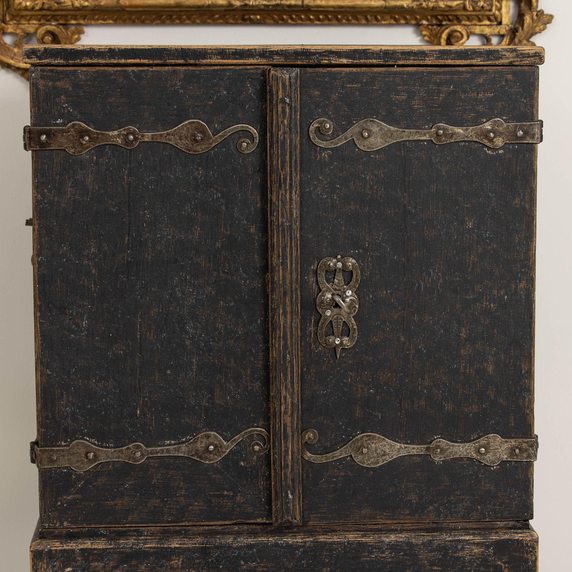 Hand-Carved 18th c. Swedish Baroque Period Black Painted Spice Cabinet on Stand