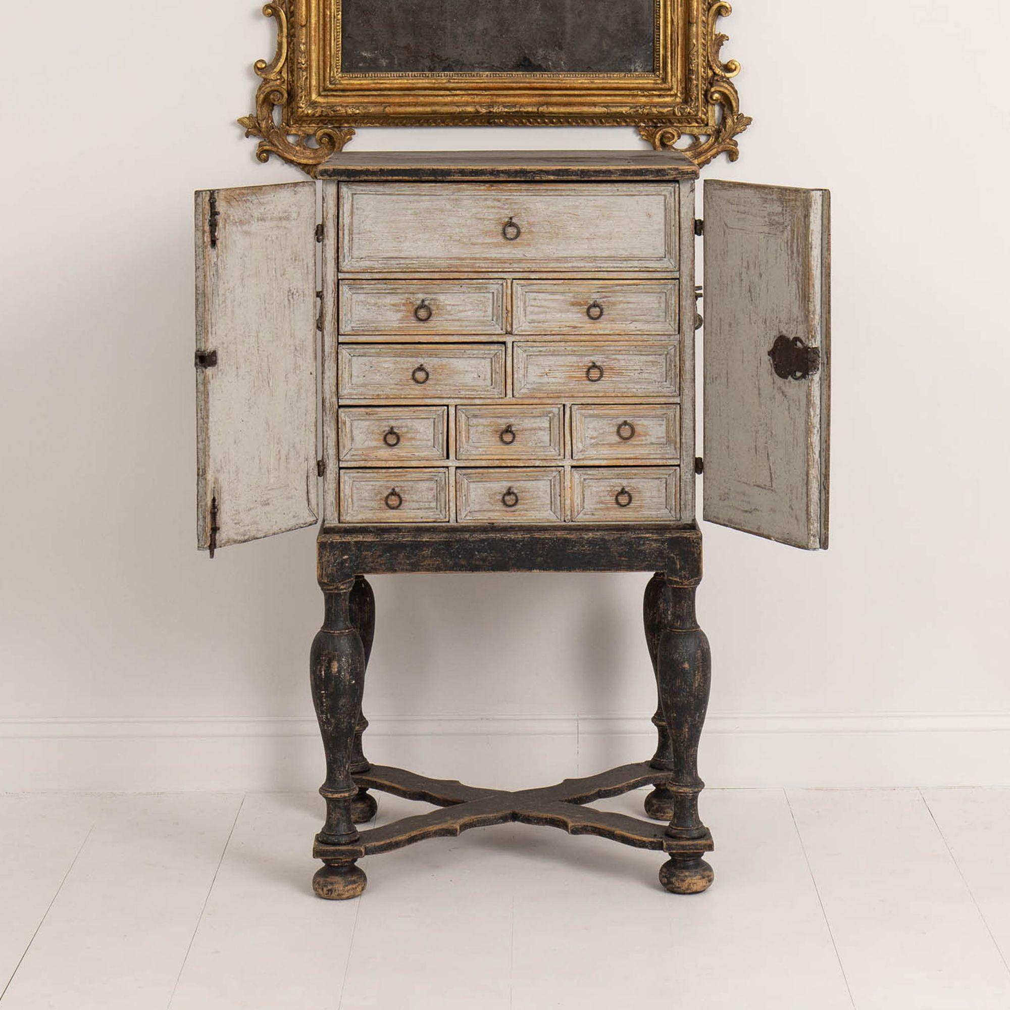 18th Century and Earlier 18th c. Swedish Baroque Period Black Painted Spice Cabinet on Stand