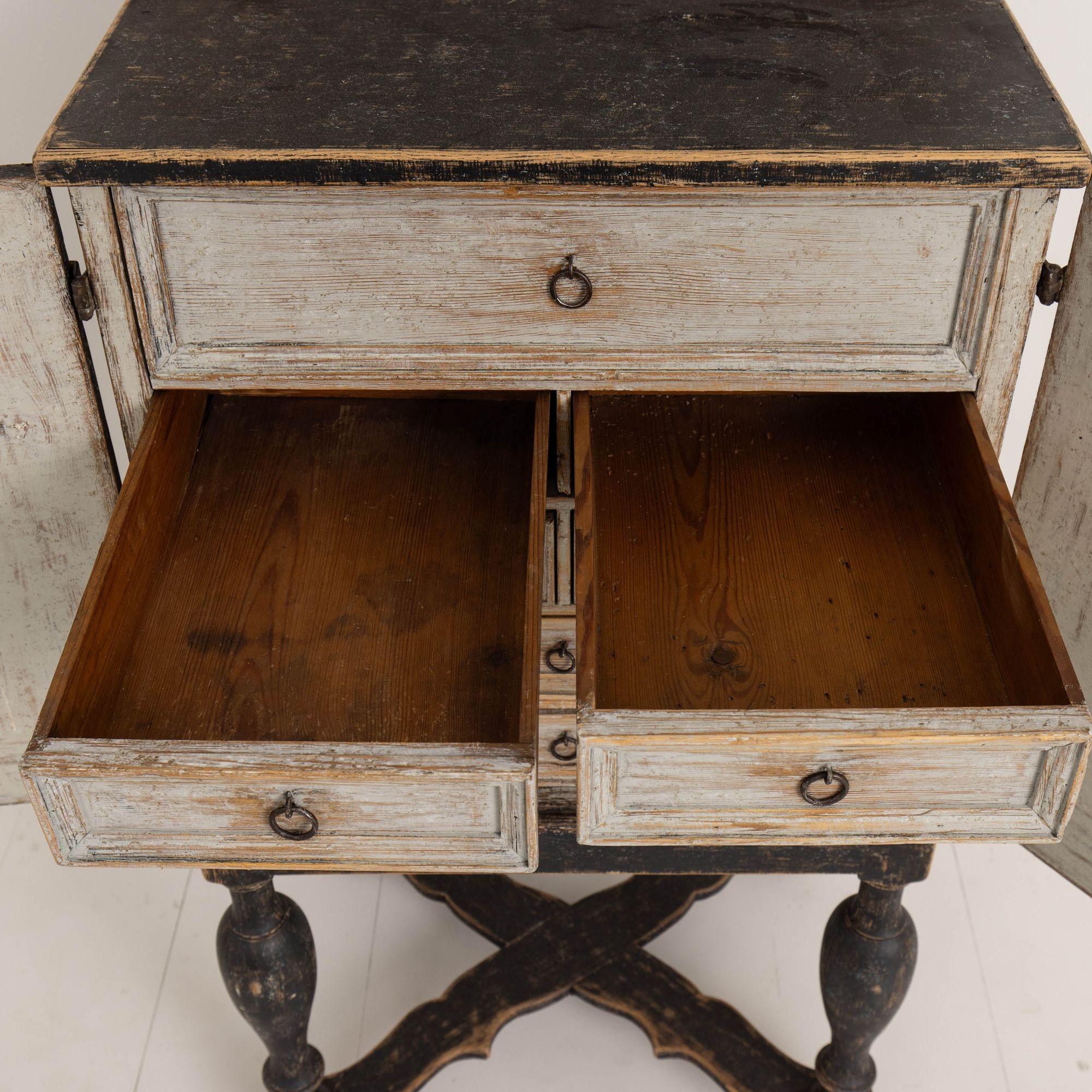 18th c. Swedish Baroque Period Black Painted Spice Cabinet on Stand 3