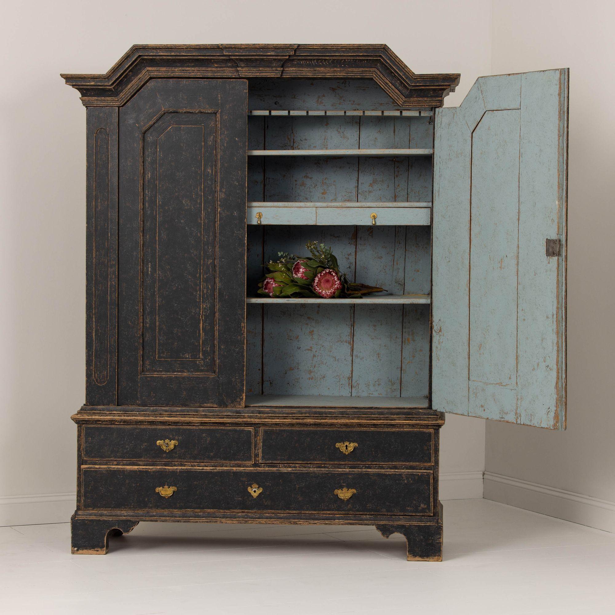 Hand-Carved 18th c. Swedish Baroque Period Painted Linen Press Cabinet