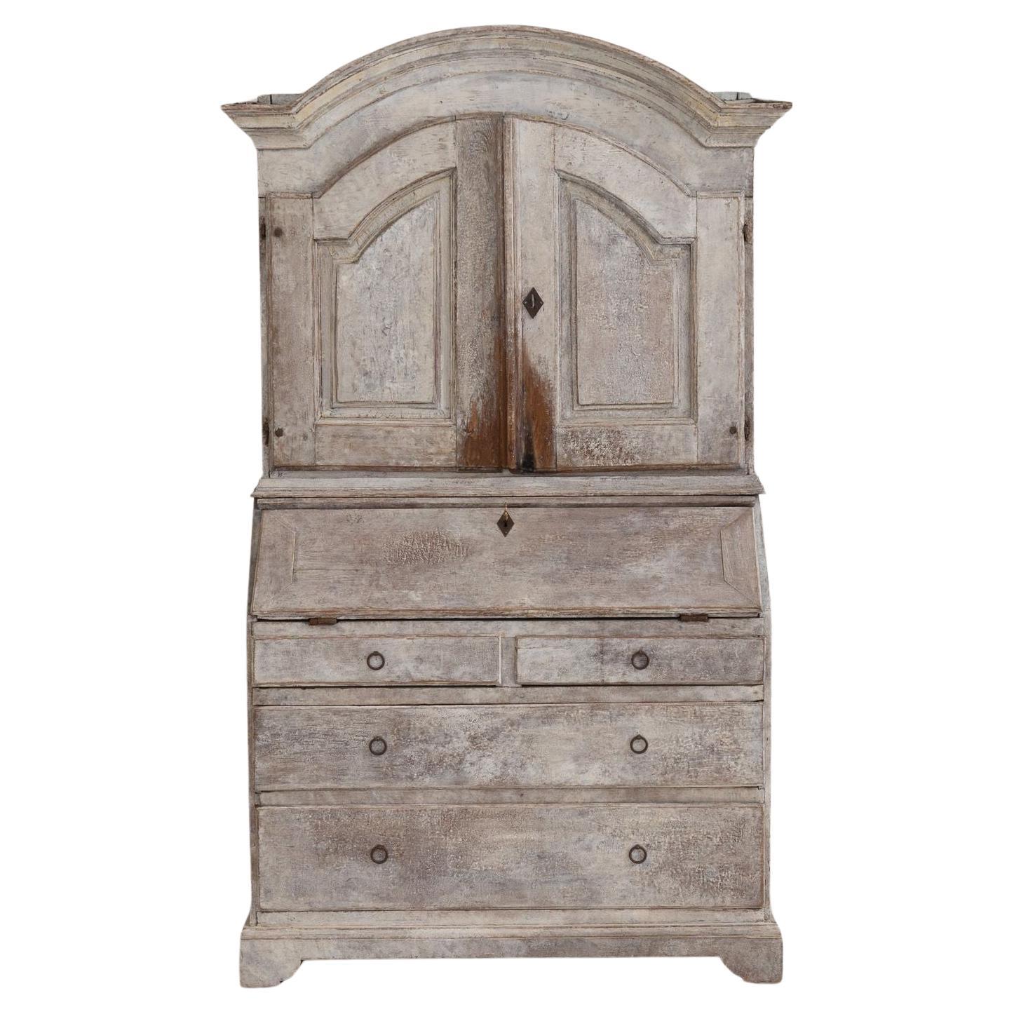 18th C. Swedish Baroque Secretary with Library in Original Gray Paint