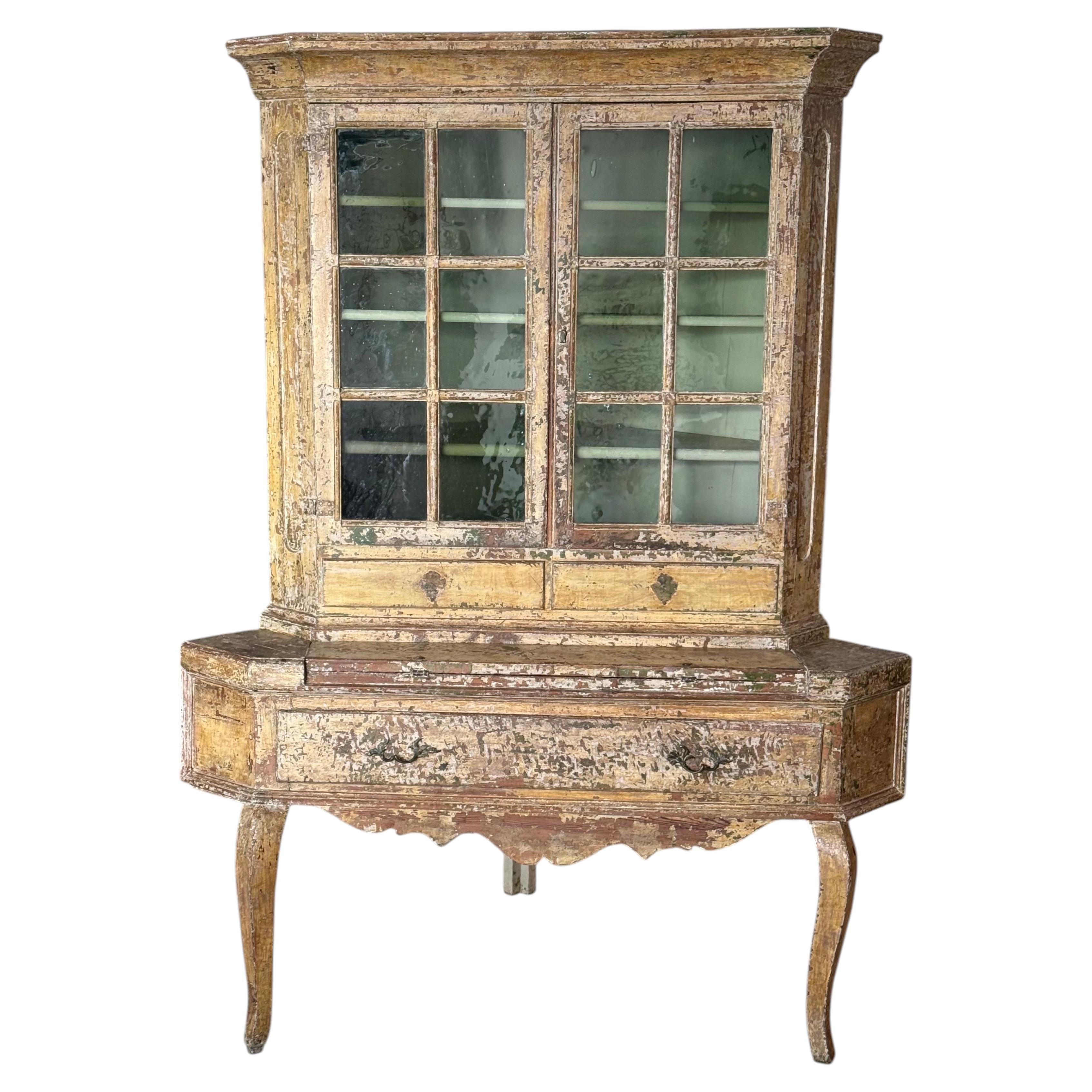 18th C SWEDISH CREAM-PAINTED PINE CORNER CUPBOARD-ON-STAND