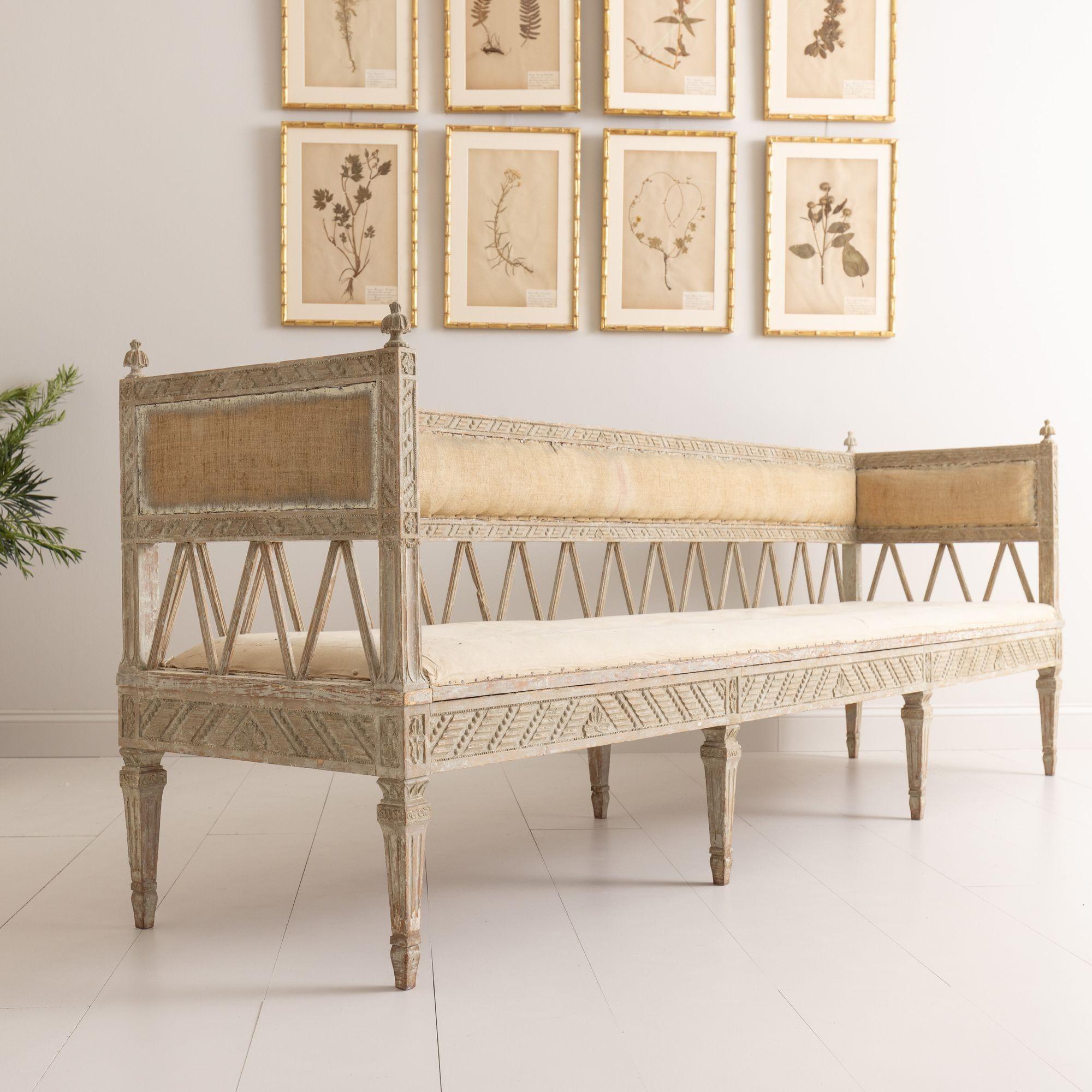 Hand-Carved 18th C. Swedish Early Gustavian Period Long Painted Sofa Bench in Original Paint