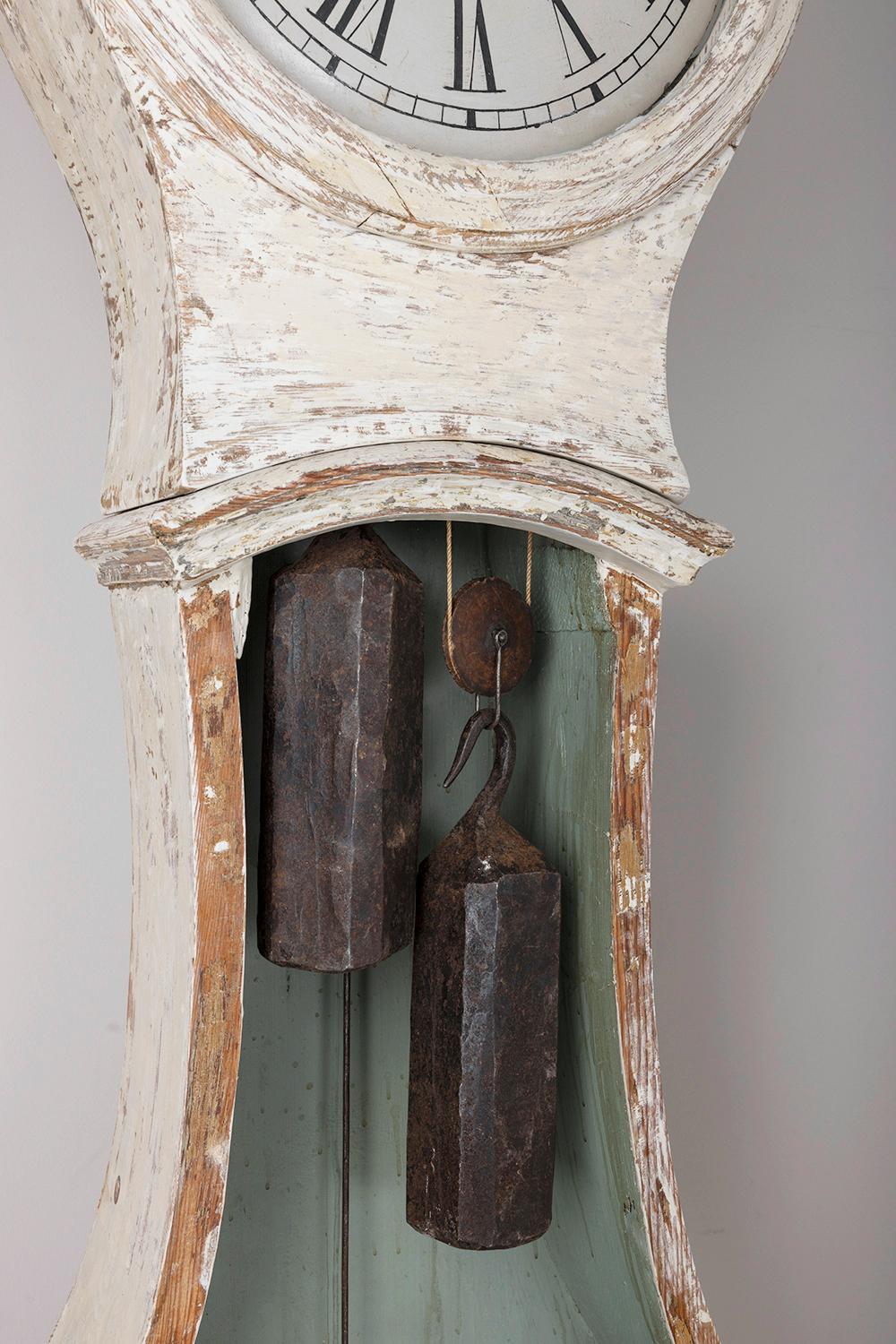 Glass 18th C. Swedish Gustavian Mora Working Tall Case Clock in Original Paint