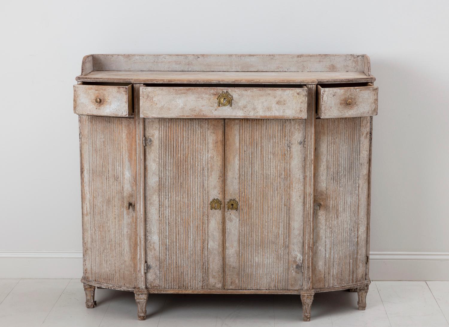 Hand-Crafted 18th C. Swedish Gustavian Painted Demilune Buffet Cabinet with Reeded Doors