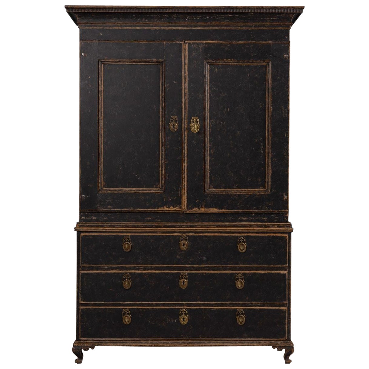 18th c. Swedish Gustavian Period Black Painted Linen Press Cabinet