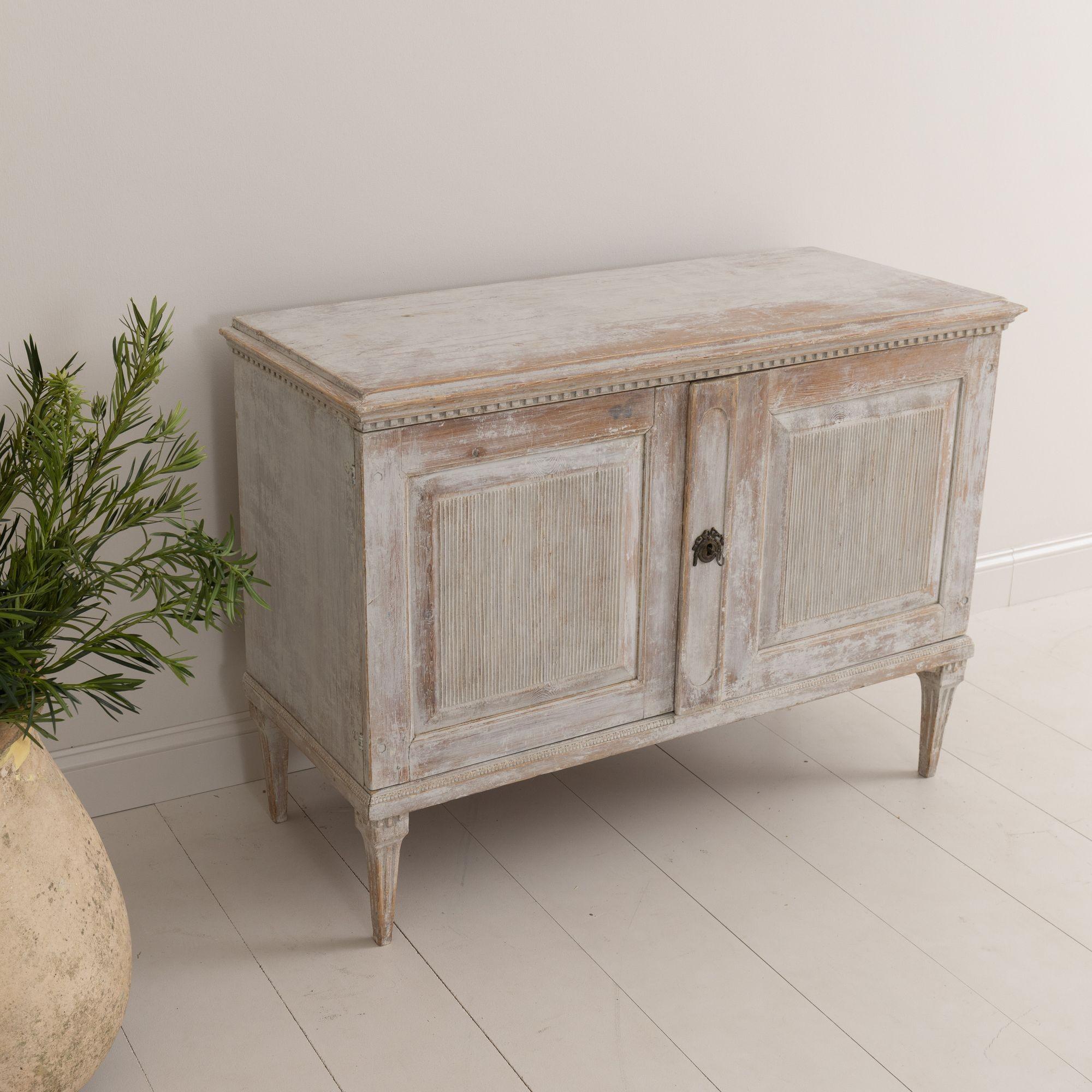 Wood 18th C. Swedish Gustavian Period Buffet with Reeded Doors in Original Paint