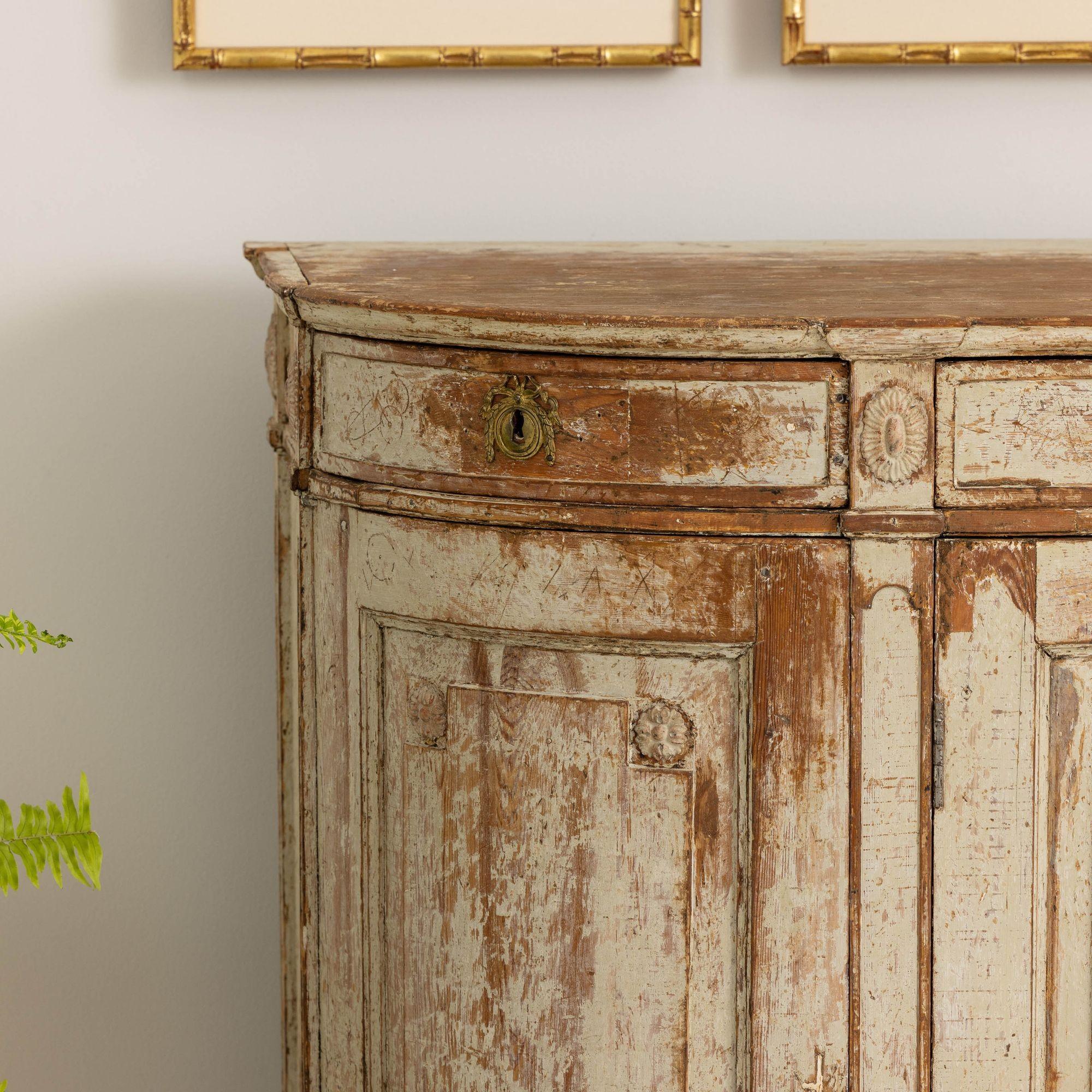 Hand-Carved 18th c. Swedish Gustavian Period Demilune Buffet in Original Paint For Sale