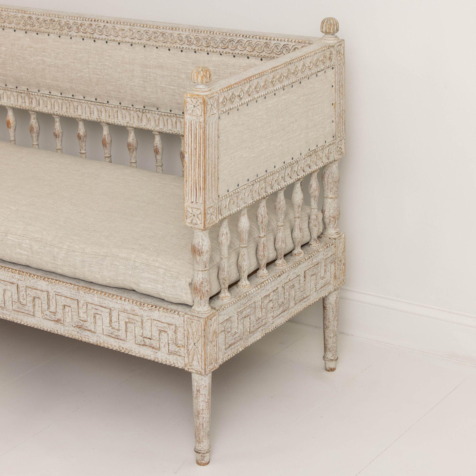 Linen 18th c. Swedish Gustavian Period Painted Corner Banquette For Sale