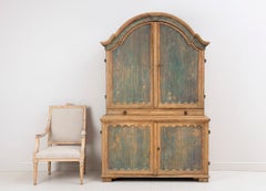 18th C. Swedish Rocco Period Two-Part Linen Press Cabinet in Original Blue Paint