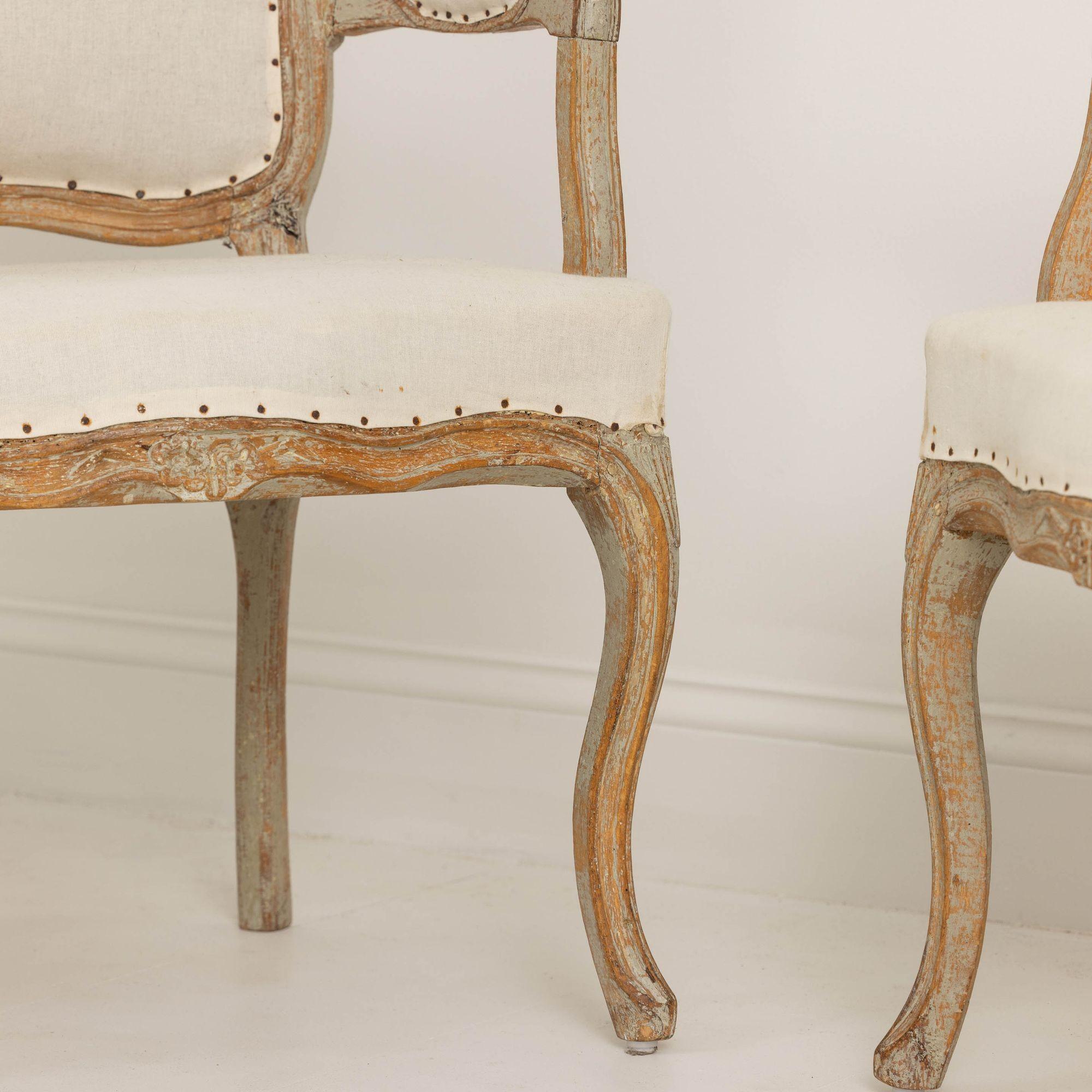 Pair of 18th c. Swedish Rococo Period Armchairs in Original Paint  For Sale 4