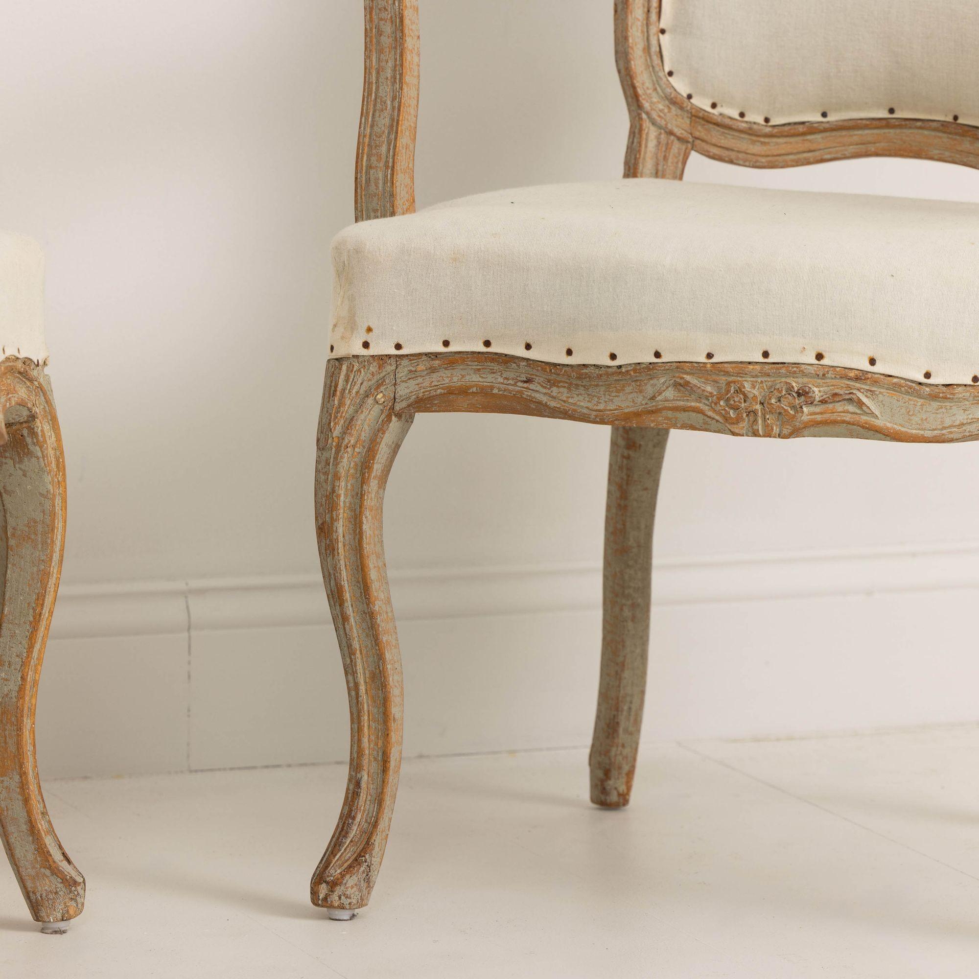 Pair of 18th c. Swedish Rococo Period Armchairs in Original Paint  For Sale 5