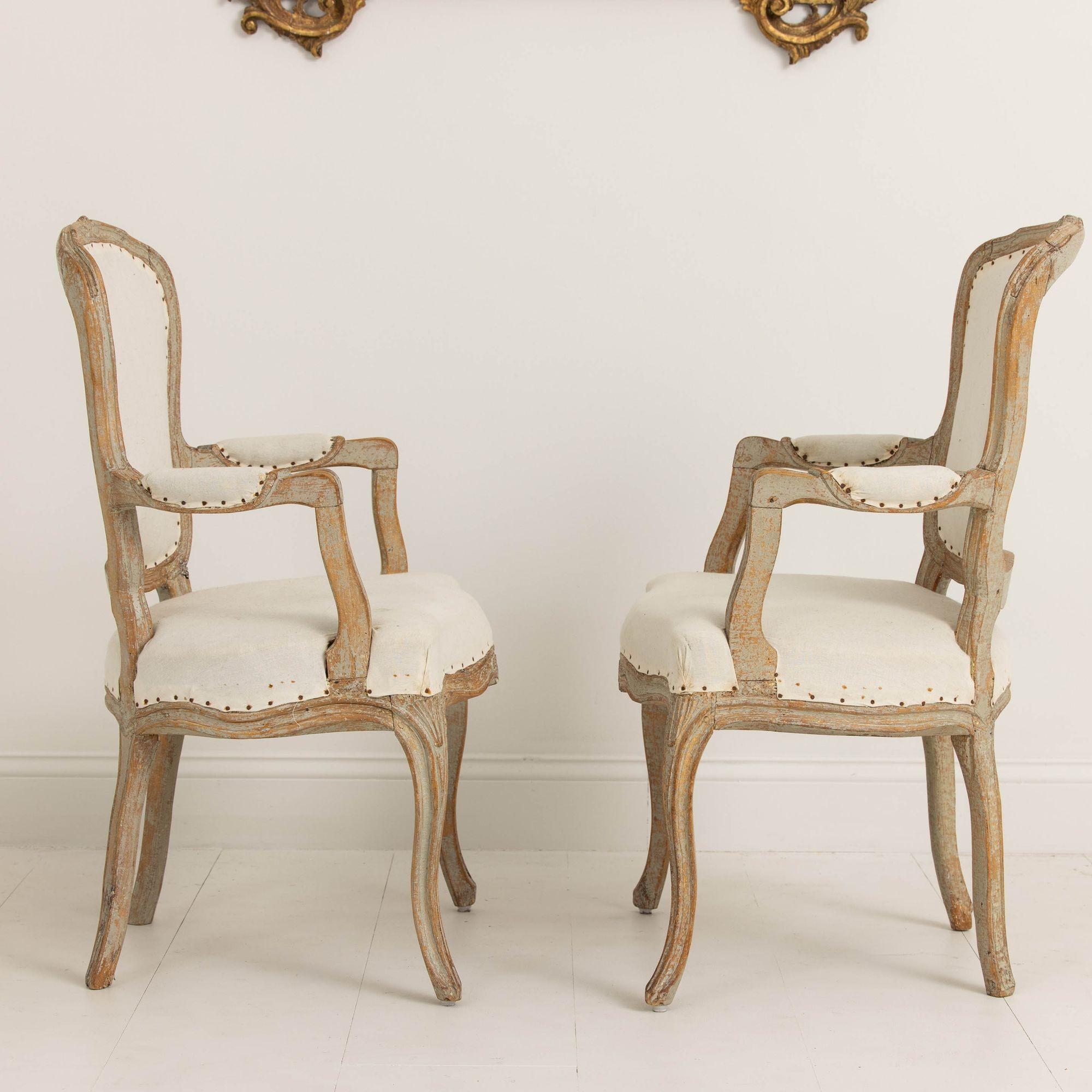 Pair of 18th c. Swedish Rococo Period Armchairs in Original Paint  7