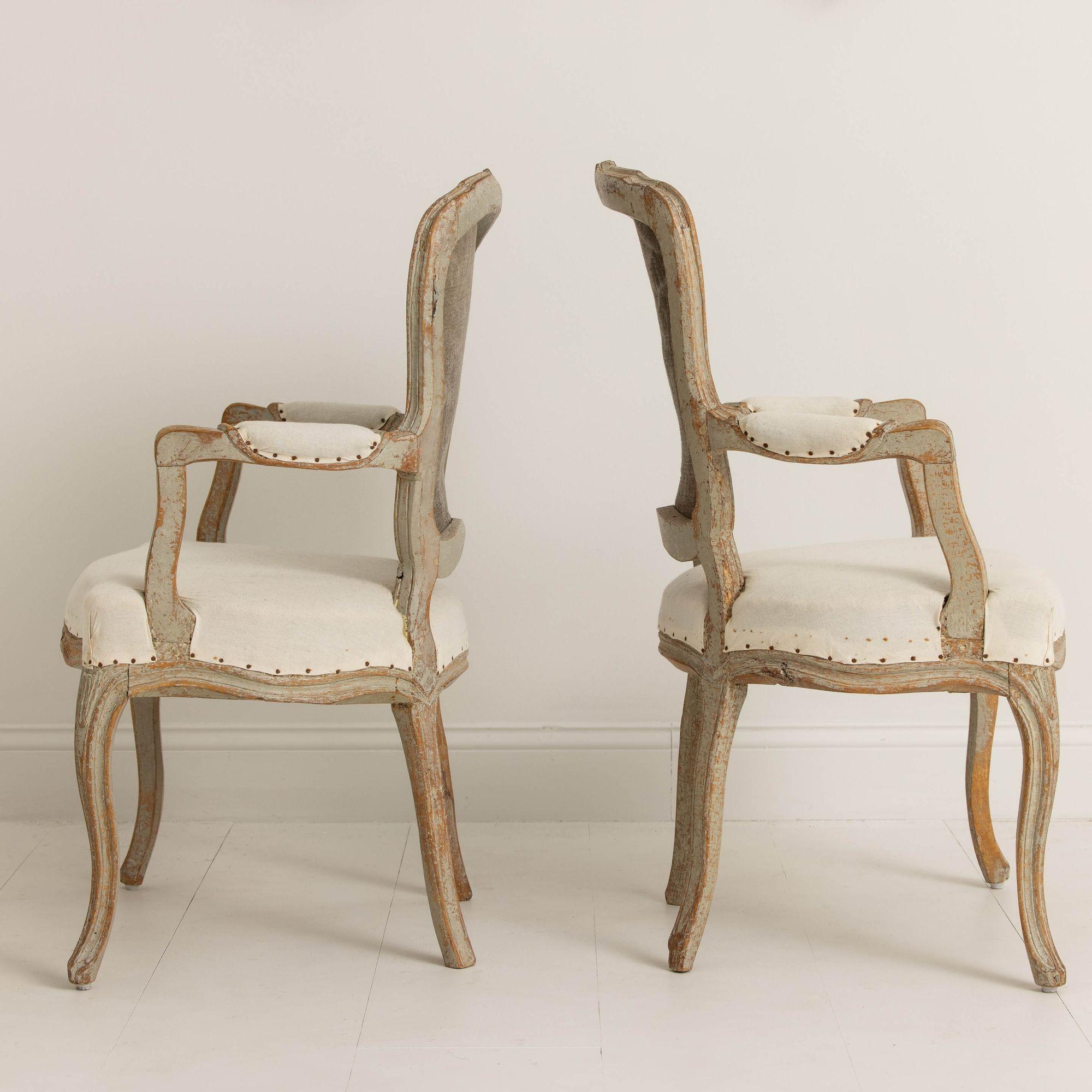Pair of 18th c. Swedish Rococo Period Armchairs in Original Paint  For Sale 8