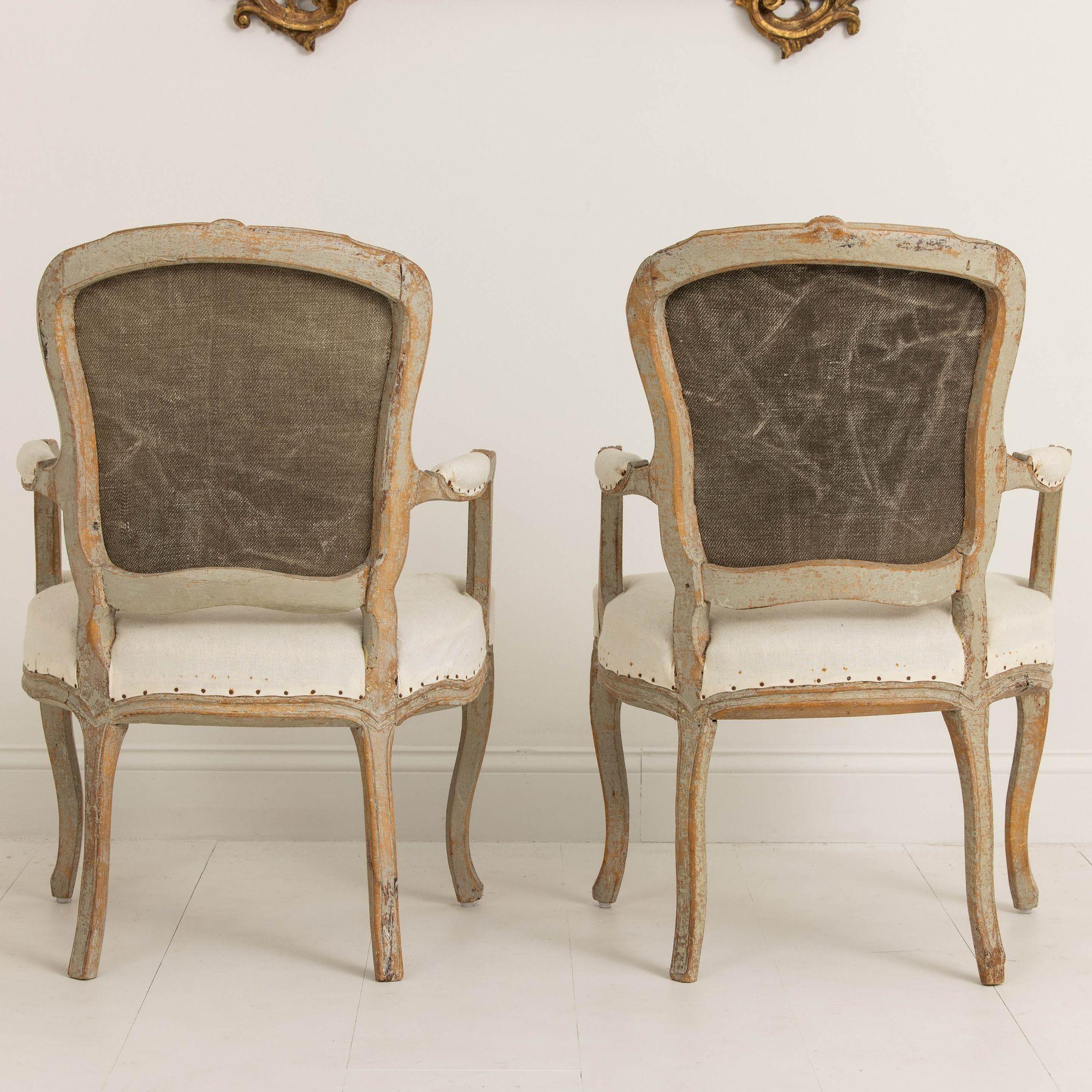 Pair of 18th c. Swedish Rococo Period Armchairs in Original Paint  9