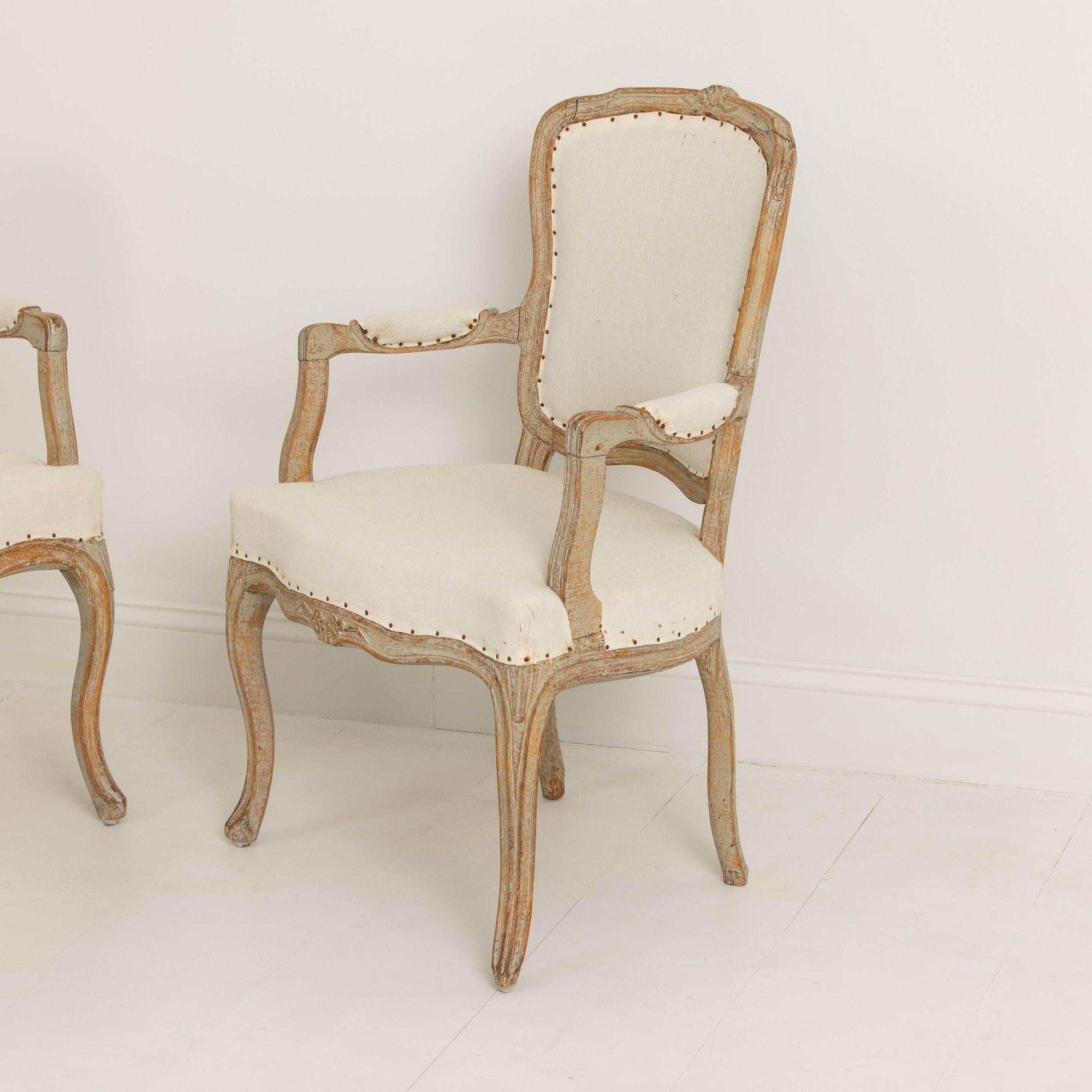 Hand-Carved Pair of 18th c. Swedish Rococo Period Armchairs in Original Paint  For Sale