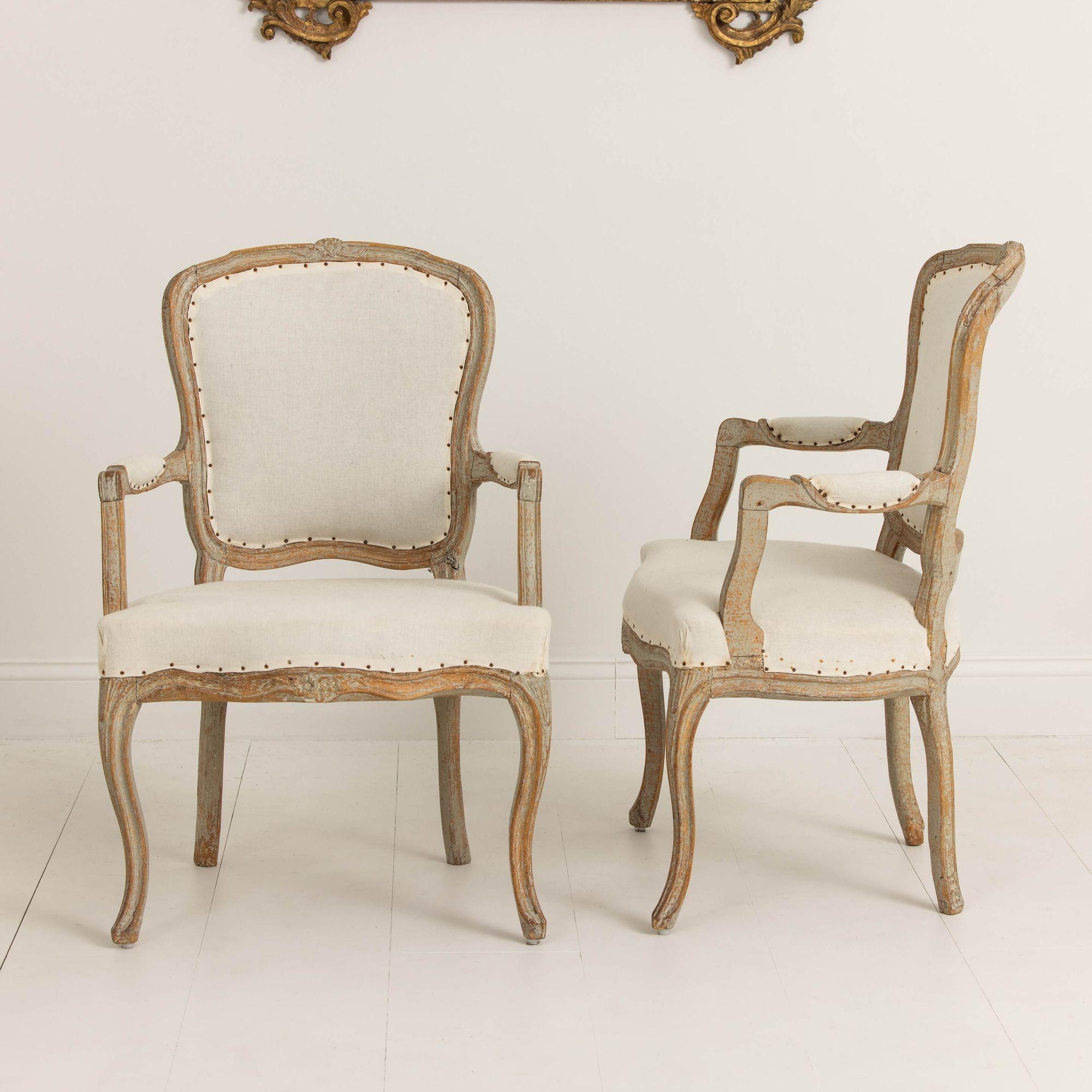 Pair of 18th c. Swedish Rococo Period Armchairs in Original Paint  In Excellent Condition In Wichita, KS