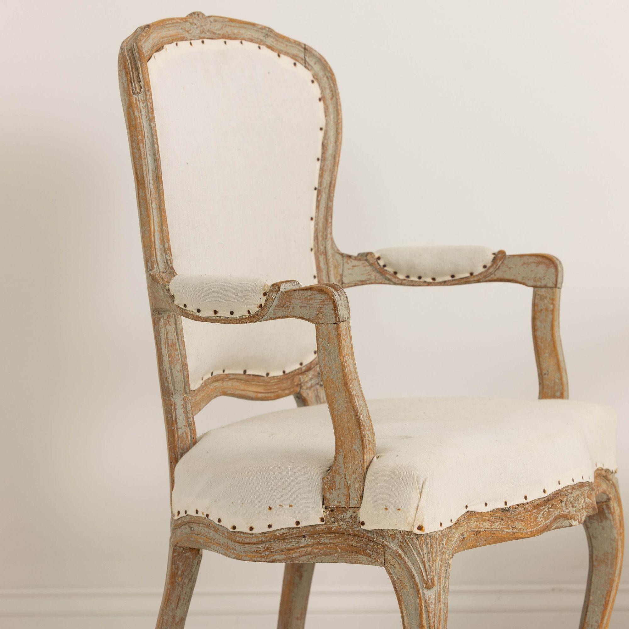 18th Century and Earlier Pair of 18th c. Swedish Rococo Period Armchairs in Original Paint 