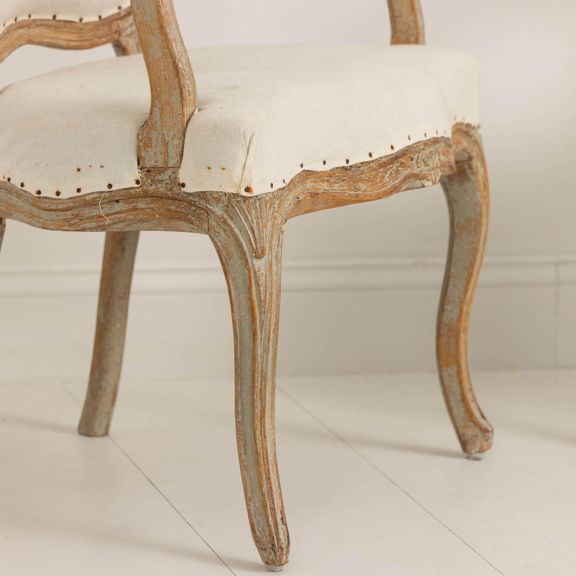 Wood Pair of 18th c. Swedish Rococo Period Armchairs in Original Paint 