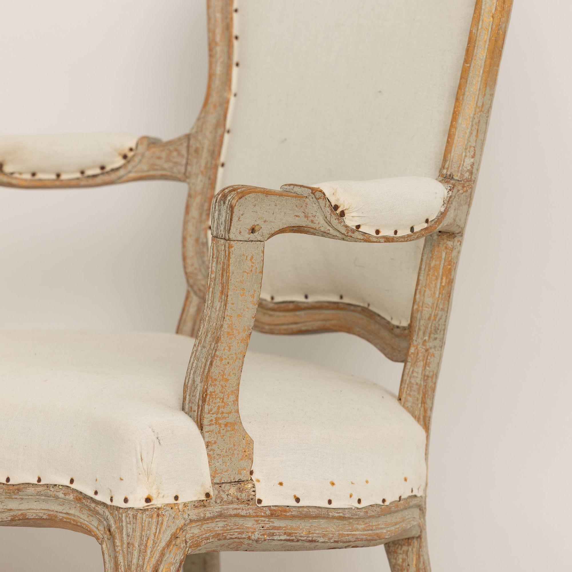 Pair of 18th c. Swedish Rococo Period Armchairs in Original Paint  For Sale 1