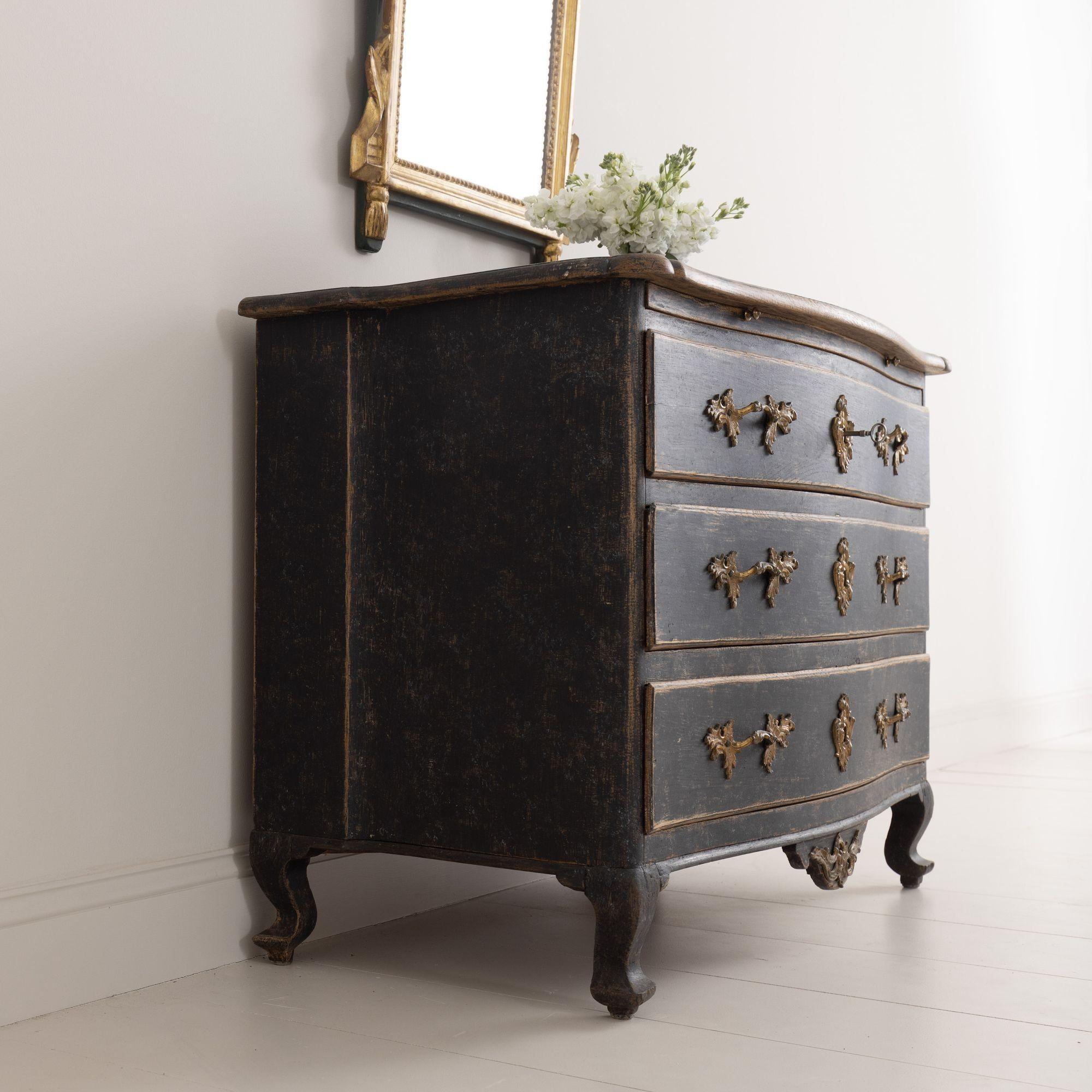 18th C. Swedish Rococo Period Black Painted Commode with Original Brass Hardware For Sale 6