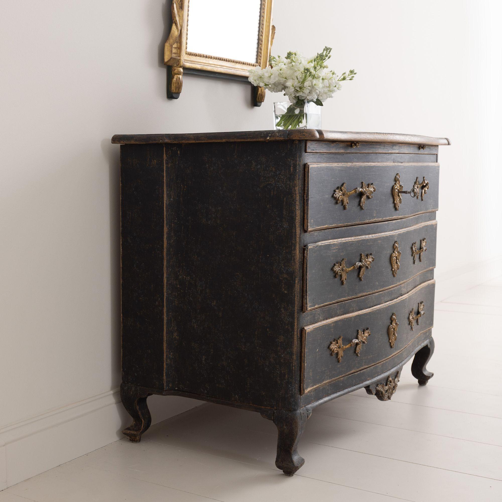 18th C. Swedish Rococo Period Black Painted Commode with Original Brass Hardware For Sale 7