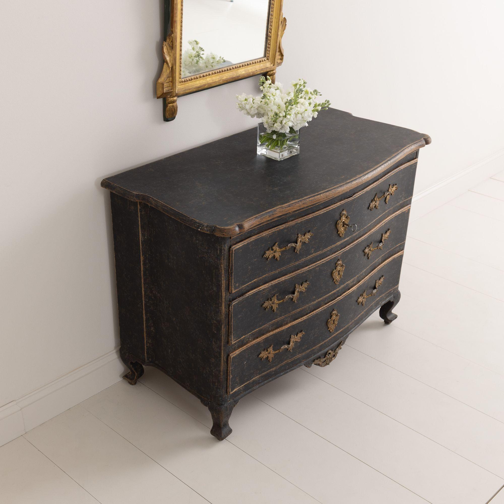 18th C. Swedish Rococo Period Black Painted Commode with Original Brass Hardware For Sale 8