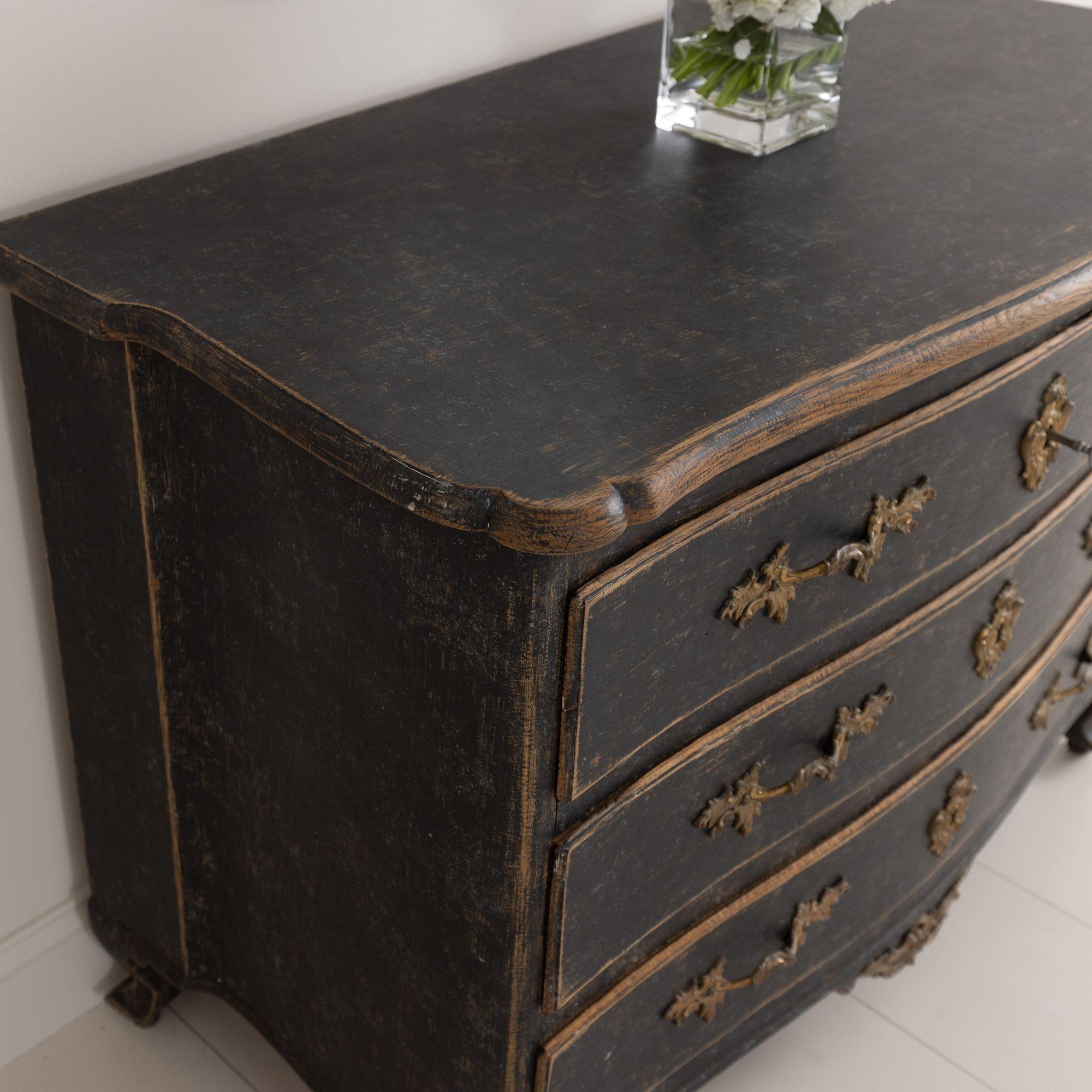 18th C. Swedish Rococo Period Black Painted Commode with Original Brass Hardware For Sale 9