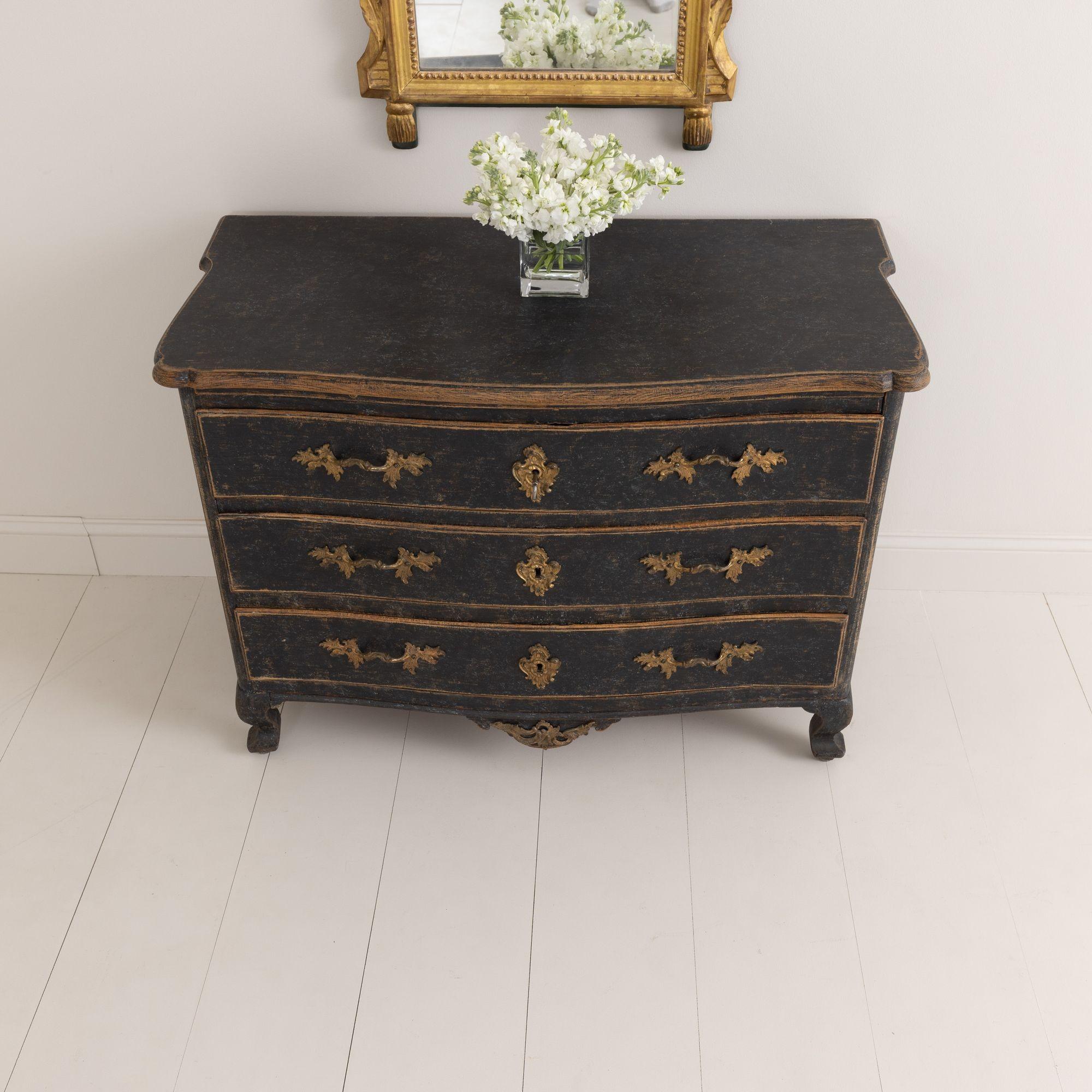 18th C. Swedish Rococo Period Black Painted Commode with Original Brass Hardware For Sale 10