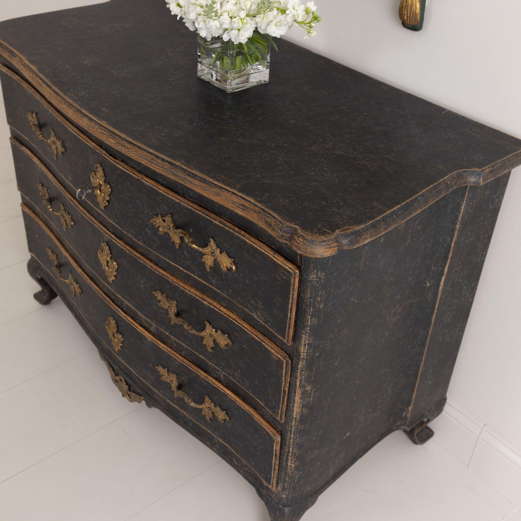 18th C. Swedish Rococo Period Black Painted Commode with Original Brass Hardware For Sale 11