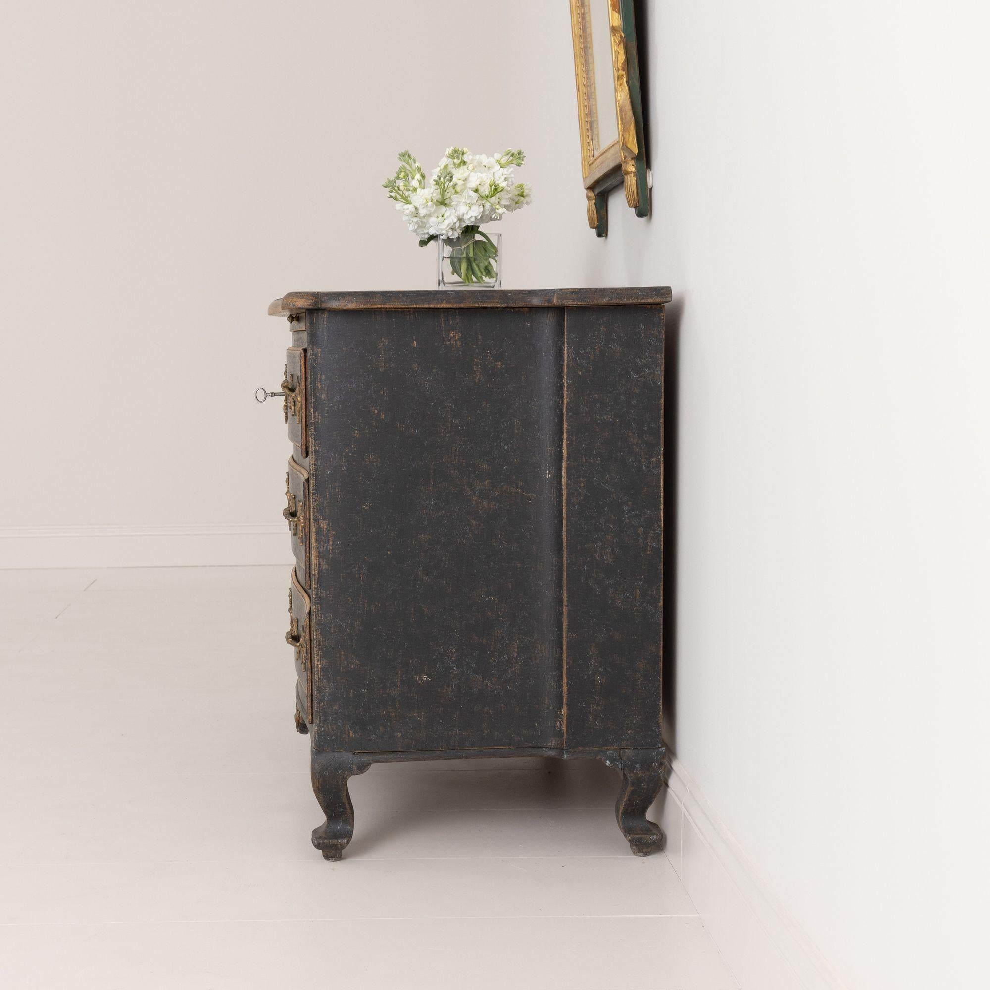 18th C. Swedish Rococo Period Black Painted Commode with Original Brass Hardware For Sale 12